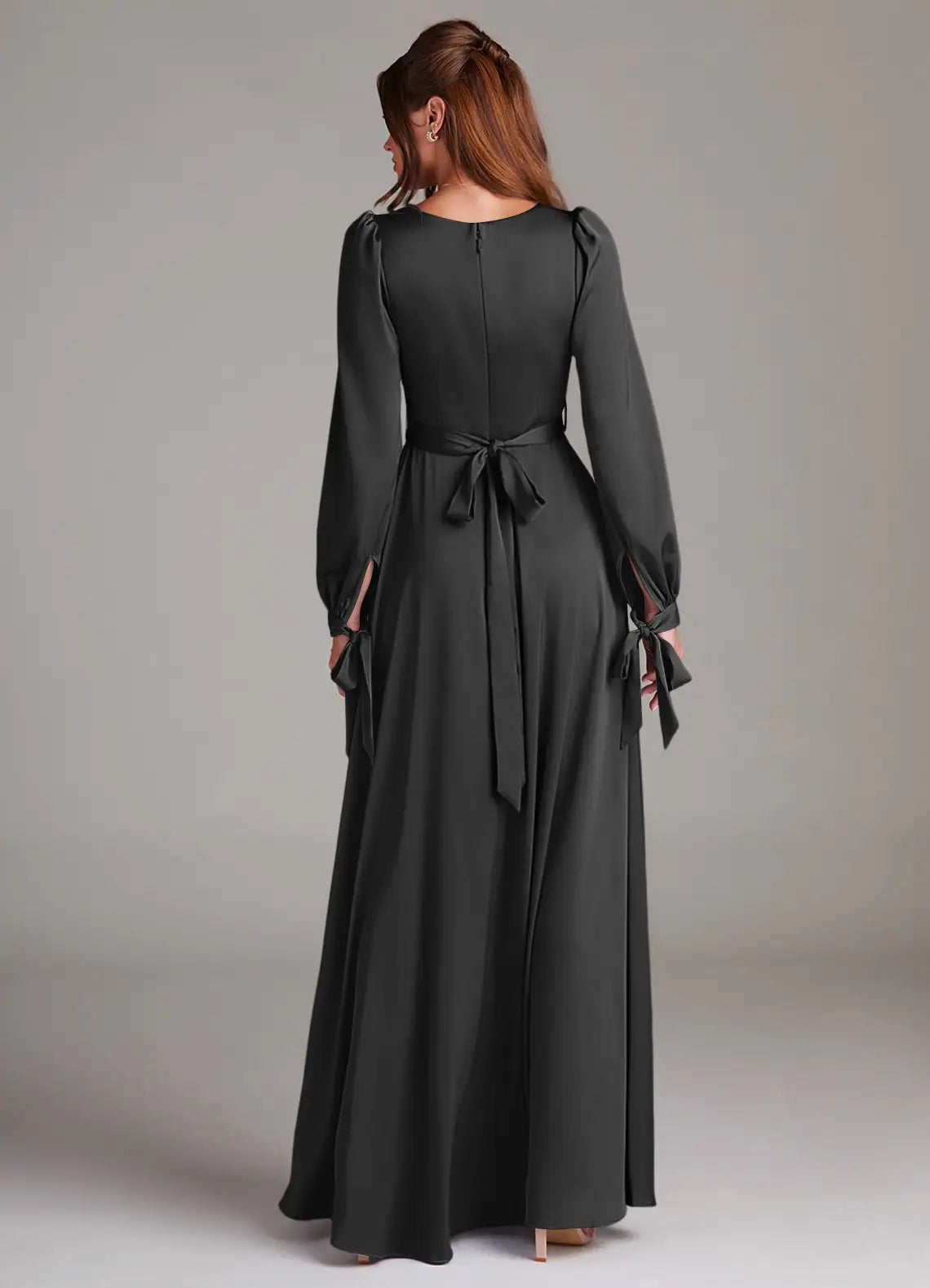 Elegant A-Line Satin Square Neck Puff Sleeve Bow Back Floor Length Bridesmaid Dress