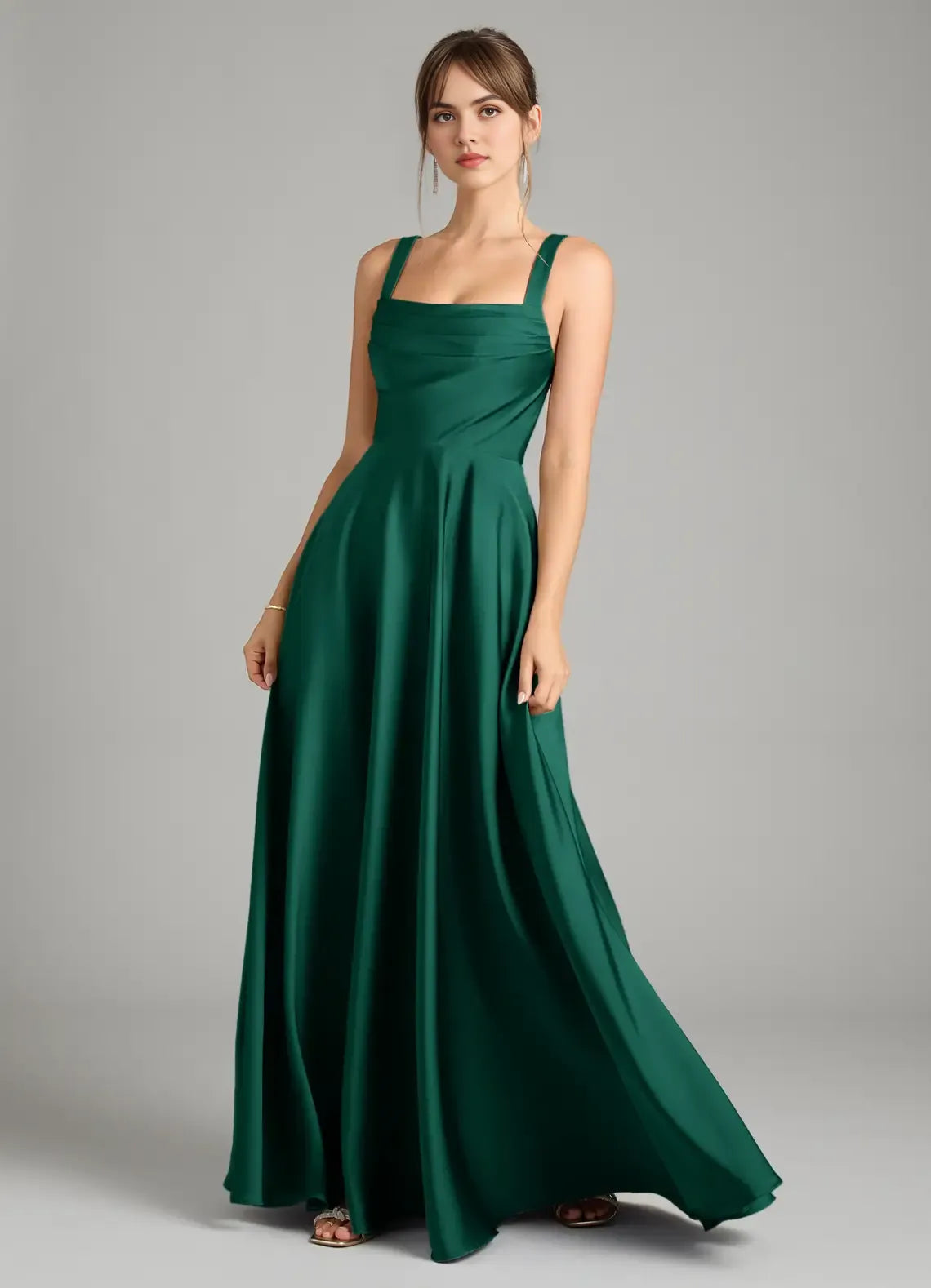 Elegant A-Line Satin Square Neck Sleeveless Zipper Back Floor Length Bridesmaid Dress