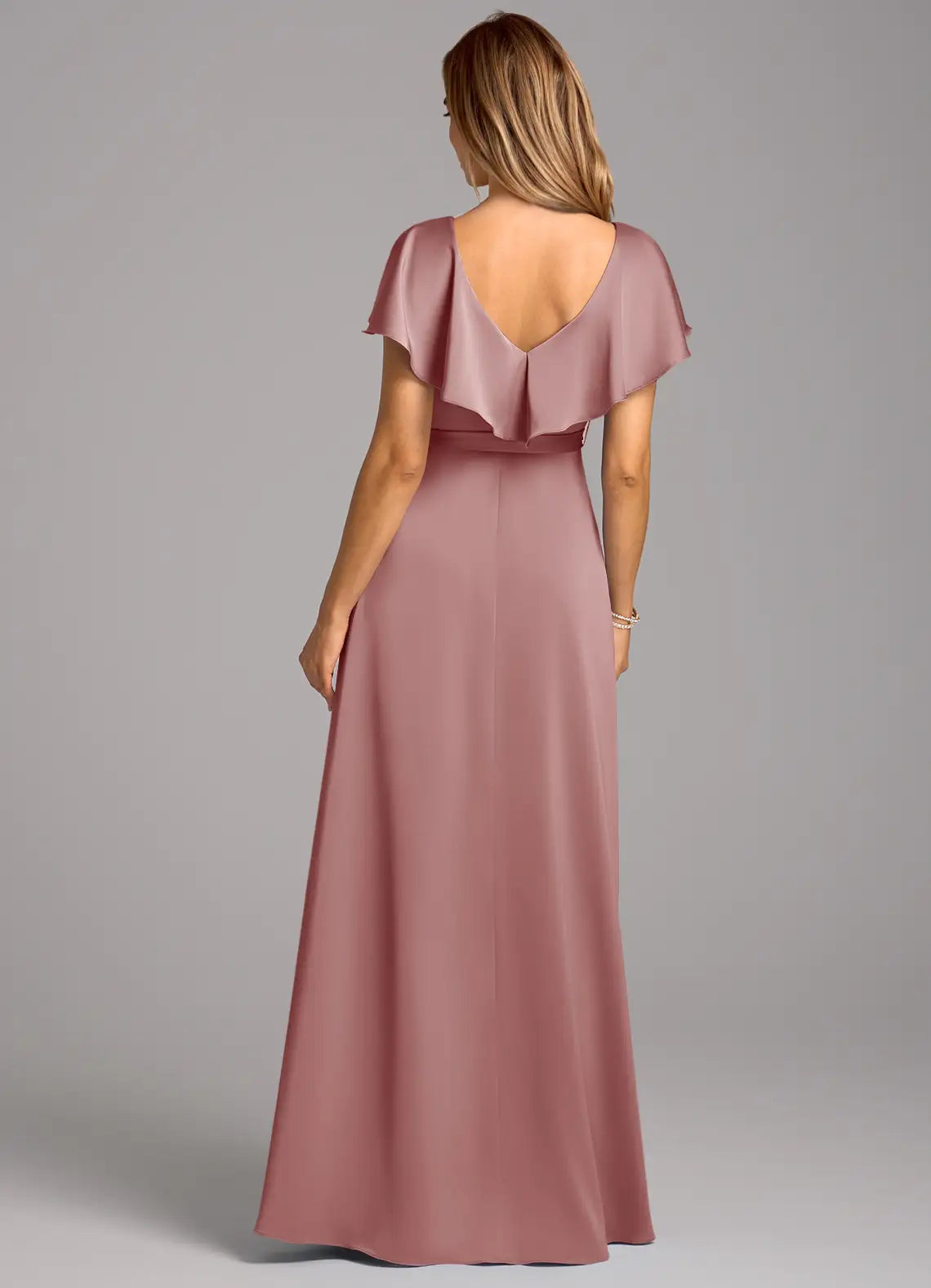 Elegant A-Line Satin V Neck Flutter Sleeve Open Back Floor Length Bridesmaid Dress