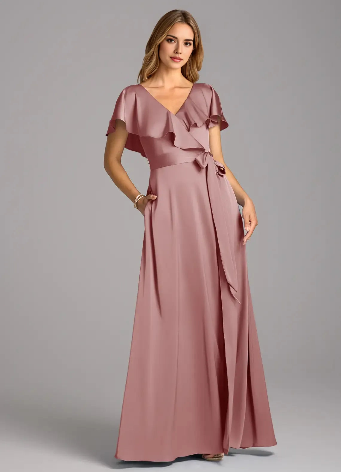 Elegant A-Line Satin V Neck Flutter Sleeve Open Back Floor Length Bridesmaid Dress