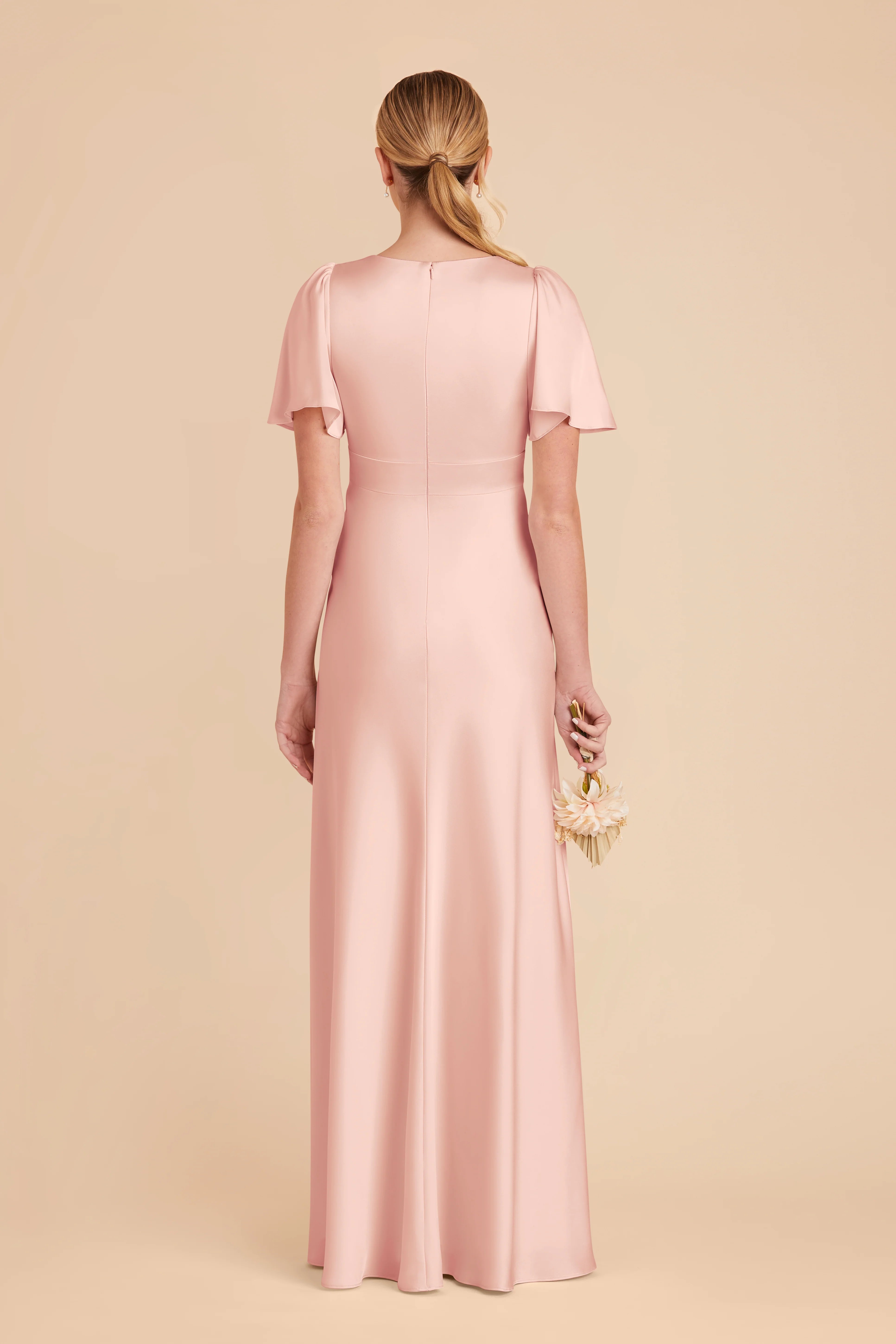 Elegant A-Line Satin V Neck Flutter Sleeve Zipper Back Floor Length Bridesmaid Dress