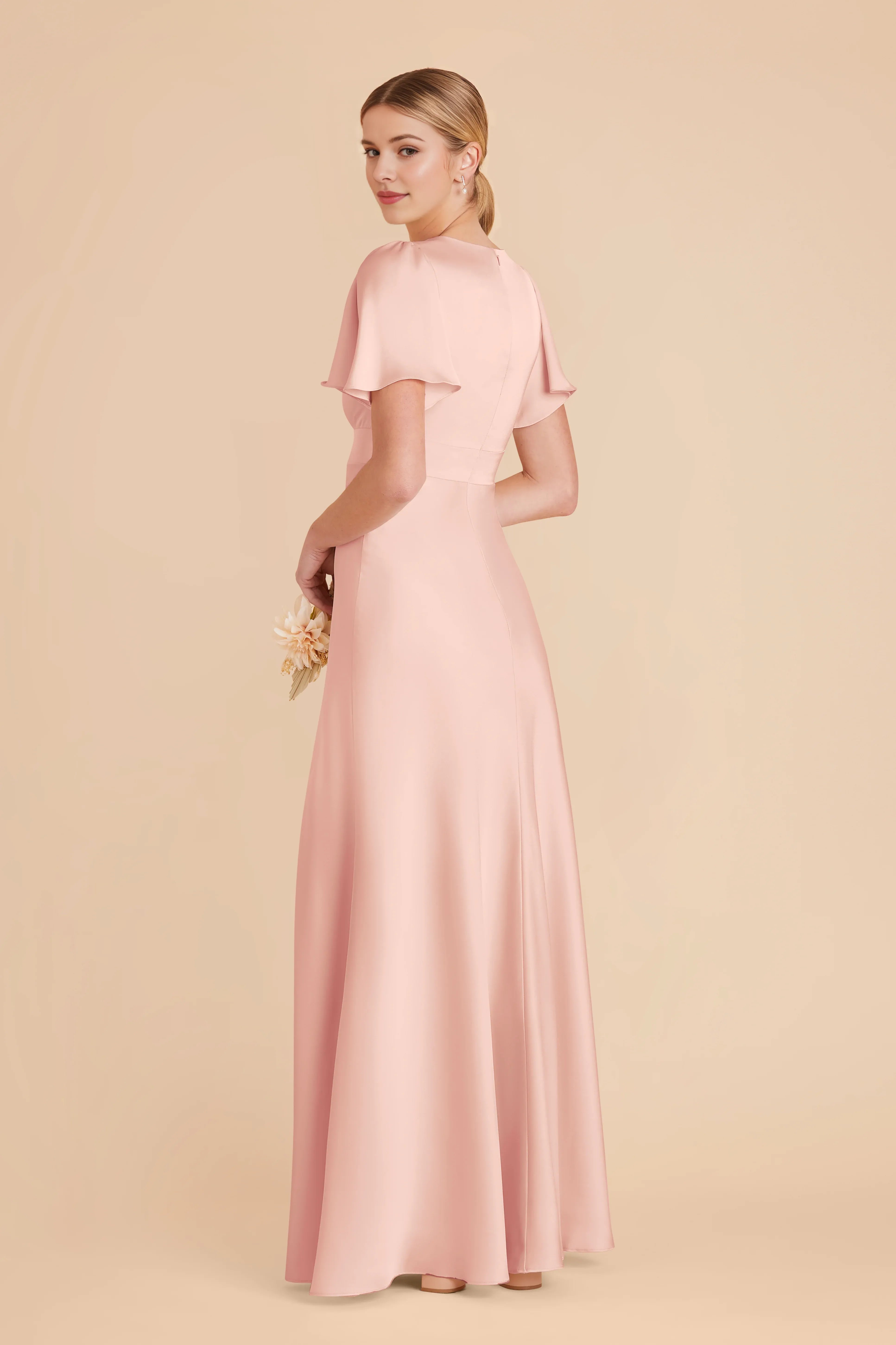 Elegant A-Line Satin V Neck Flutter Sleeve Zipper Back Floor Length Bridesmaid Dress