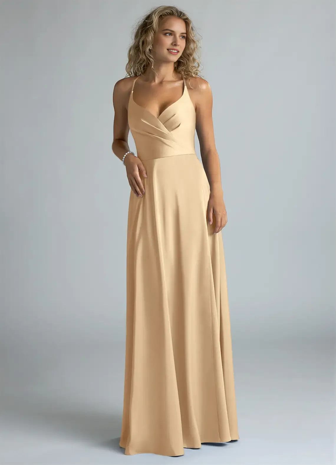 Elegant A-Line Satin V Neck Sleeveless Cross Back Floor Length Bridesmaid Dress