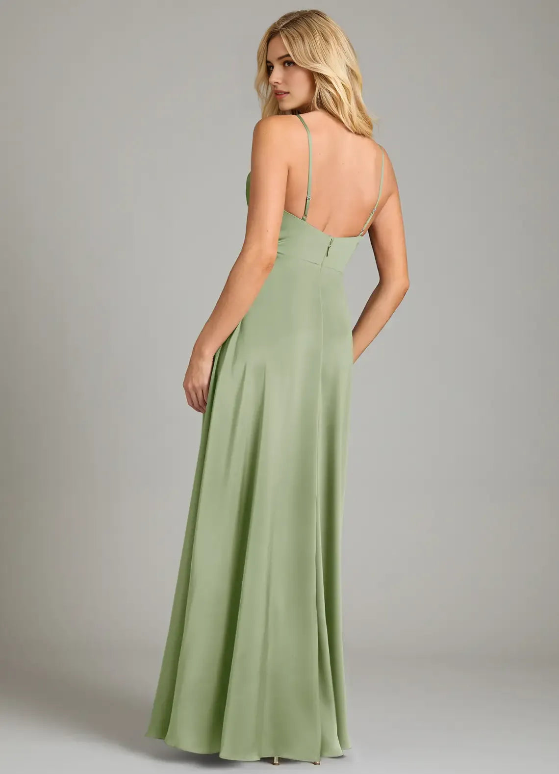Elegant A-Line Satin V Neck Spaghetti Strap Open Back Floor Length Bridesmaid Dress