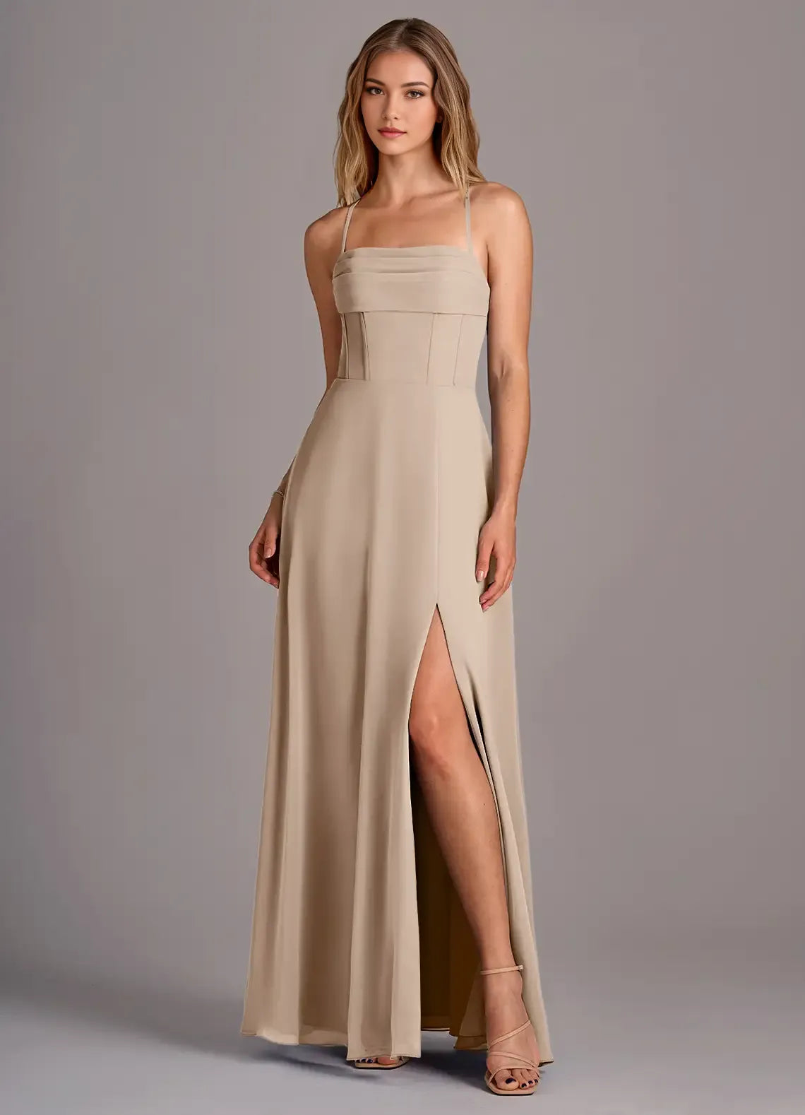 Elegant A-Line Square Neck Sleeveless Crisscross Back Floor Length Bridesmaid Dress
