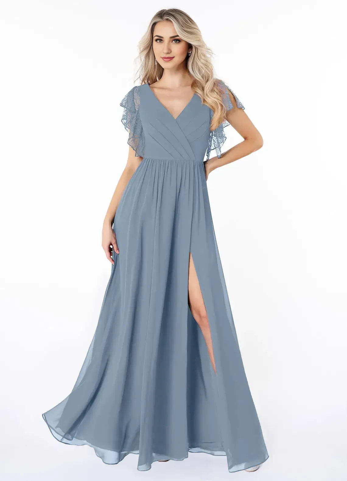 Elegant A-Line V Neck Lace Flutter Sleeve V Back Floor Length Bridesmaid Dress