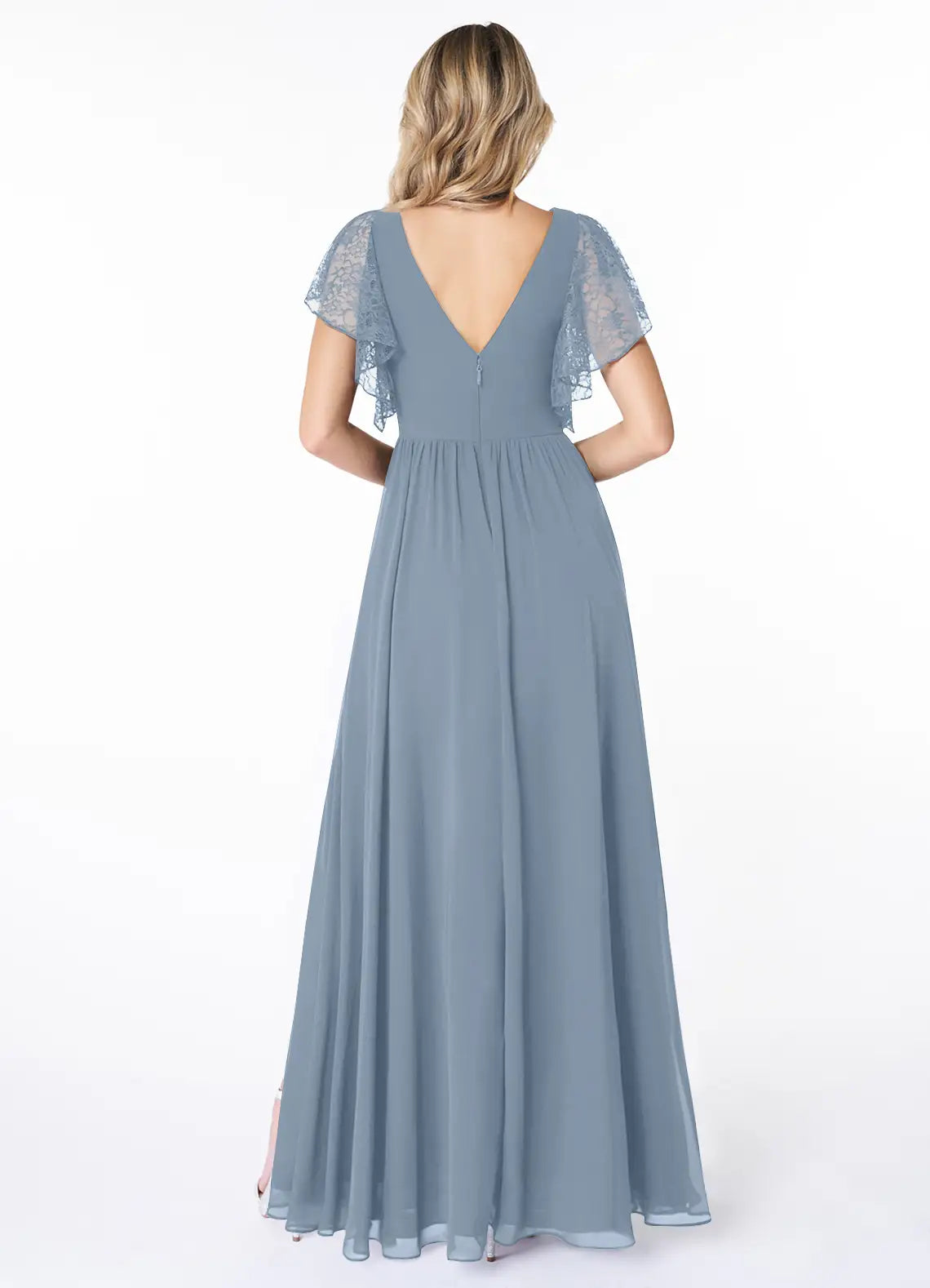 Elegant A-Line V Neck Lace Flutter Sleeve V Back Floor Length Bridesmaid Dress