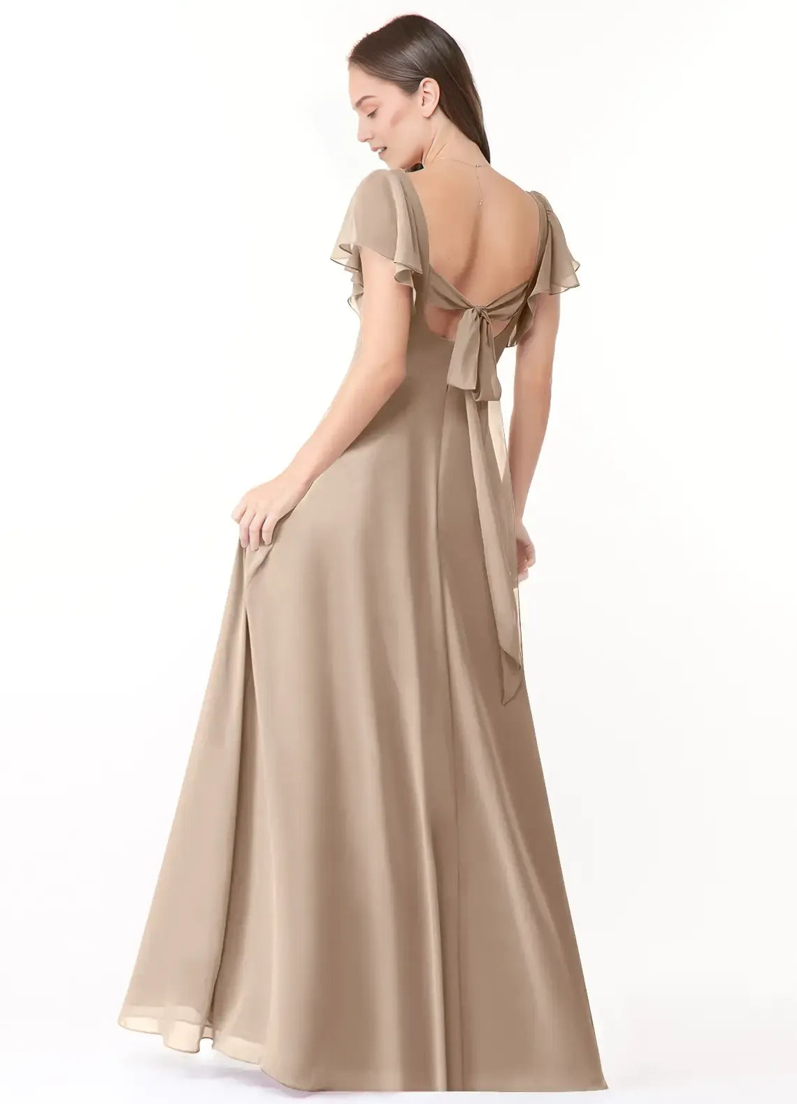 Elegant A-Line V Neck Ruffle Short Sleeve Tie Back Floor Length Bridesmaid Dress