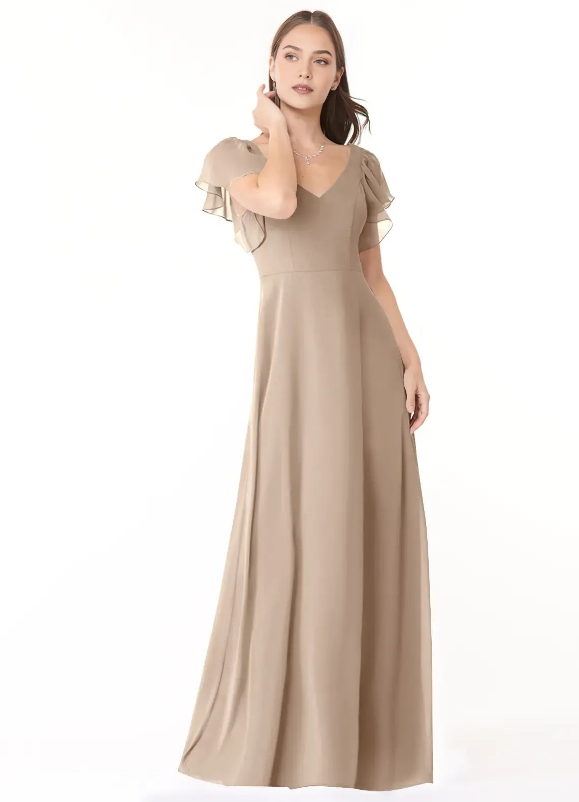 Elegant A-Line V Neck Ruffle Short Sleeve Tie Back Floor Length Bridesmaid Dress