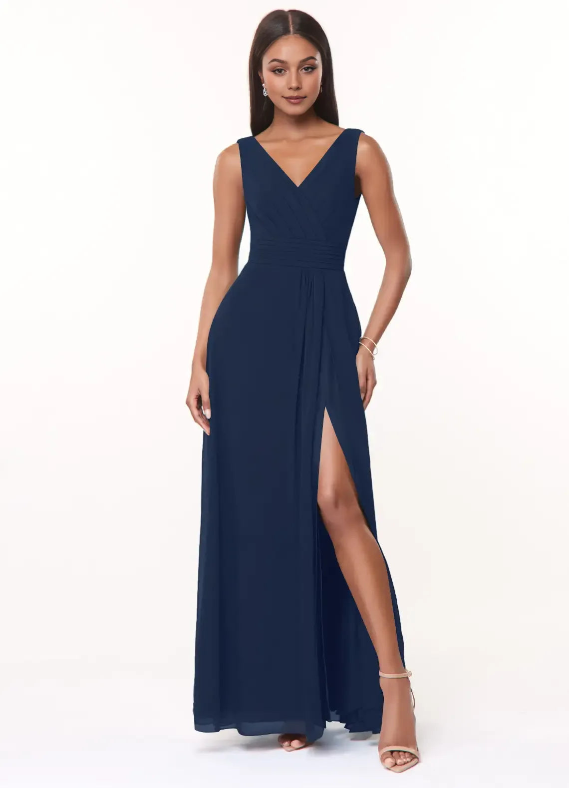 Elegant A-Line V Neck Sleeveless Cowl Back Floor Length Bridesmaid Dress
