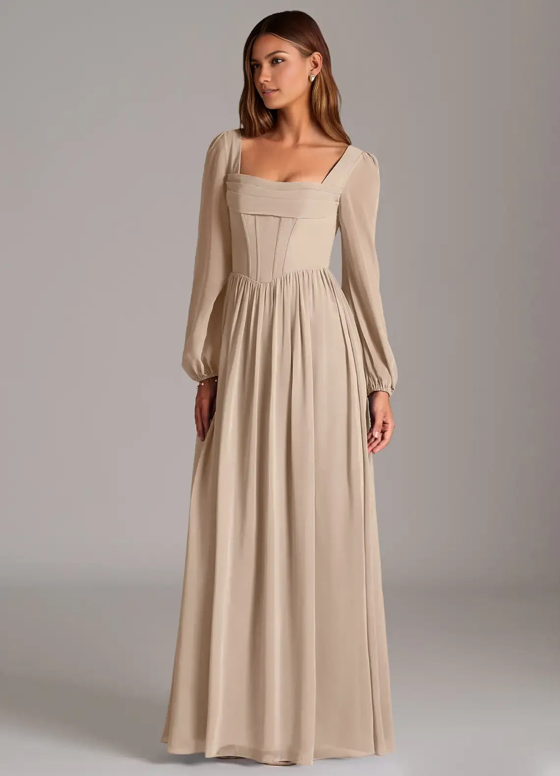 Elegant Ballgown Chiffon Square Neck Puff Sleeve Lace Up Back Floor Length Bridesmaid Dress