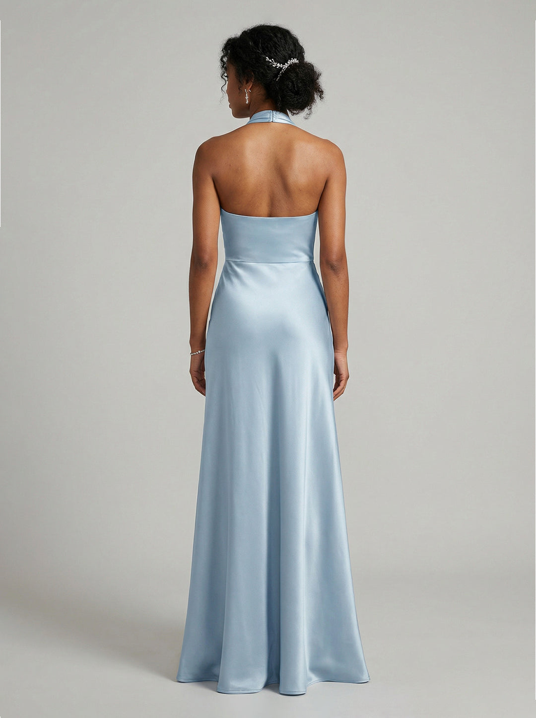Elegant Sky Blue Satin Mermaid Halter Neckline Backless Ankle-Length Bridesmaid Dress
