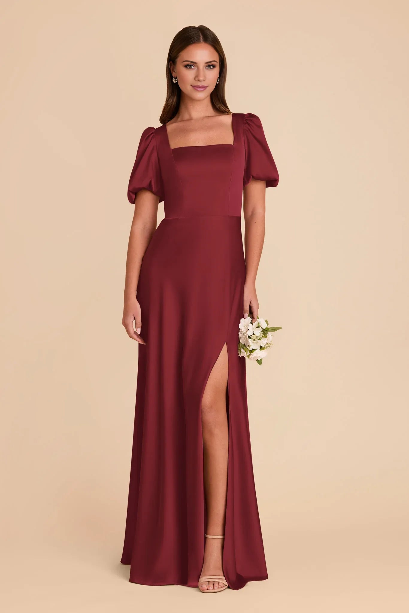 Elegant Fitted Satin Square Neck Puff Sleeve Zipper Back Floor-Length Bridesmaid Dresses