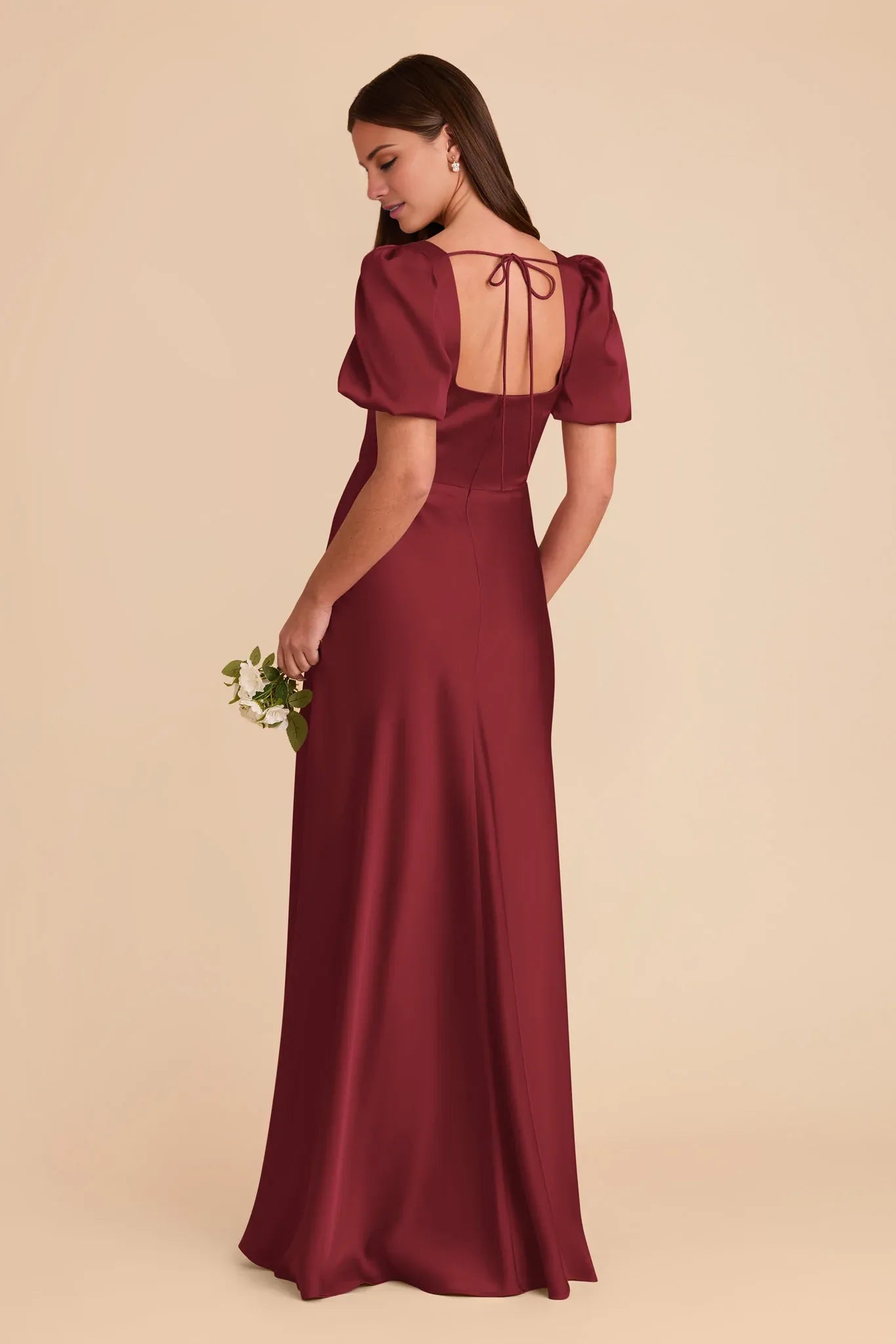Elegant Fitted Satin Square Neck Puff Sleeve Zipper Back Floor-Length Bridesmaid Dresses