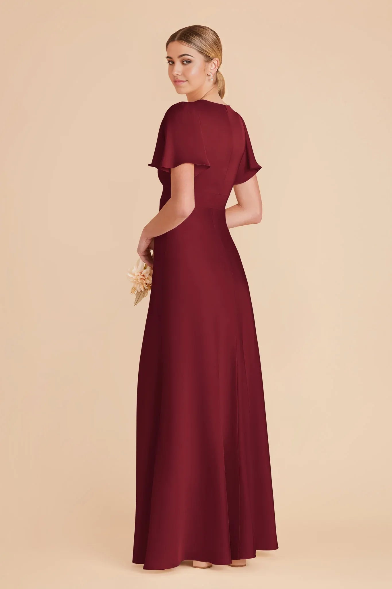Elegant Fitted Satin V Neck Flutter Sleeve Closed Back Floor Length Bridesmaid Dresses
