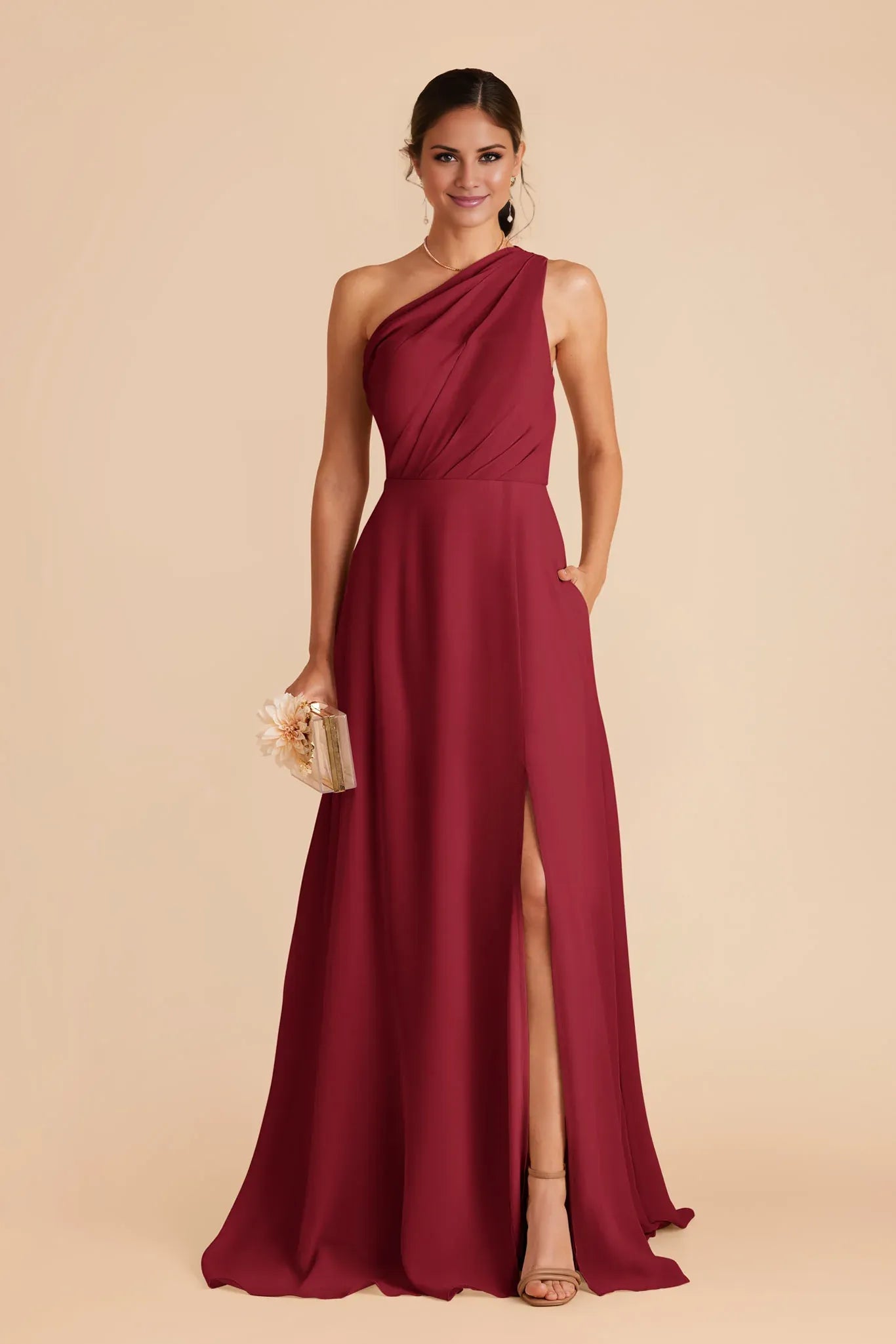Elegant Flowy Chiffon One-Shoulder Sleeveless Open-Back Floor-Length Bridesmaid Dresses