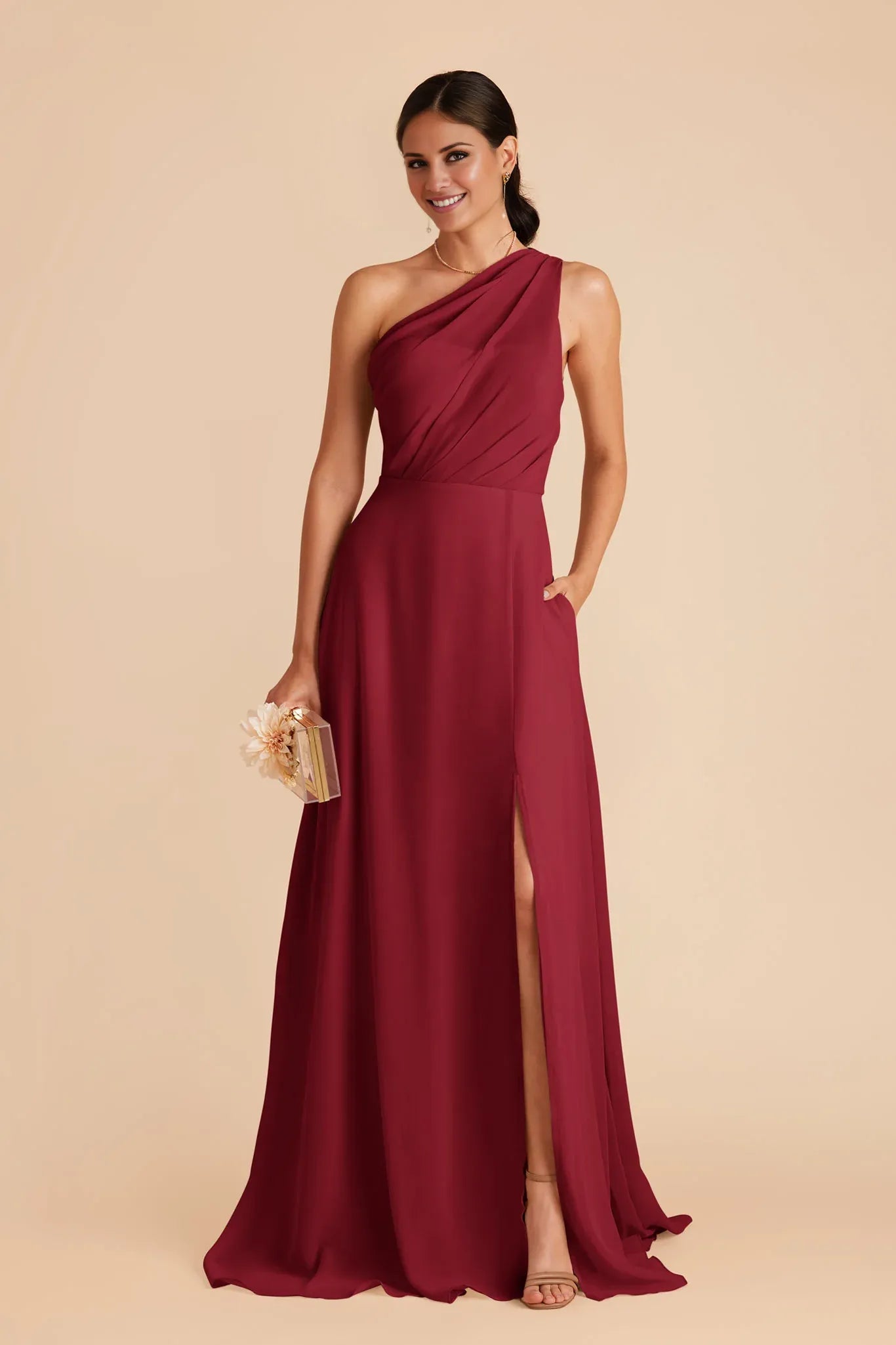 Elegant Flowy Chiffon One-Shoulder Sleeveless Open-Back Floor-Length Bridesmaid Dresses