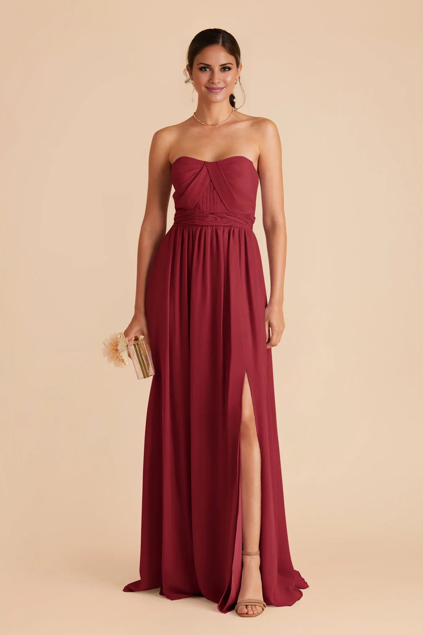 Elegant Flowy Chiffon Strapless Bow Back Floor Length Bridesmaid Dresses