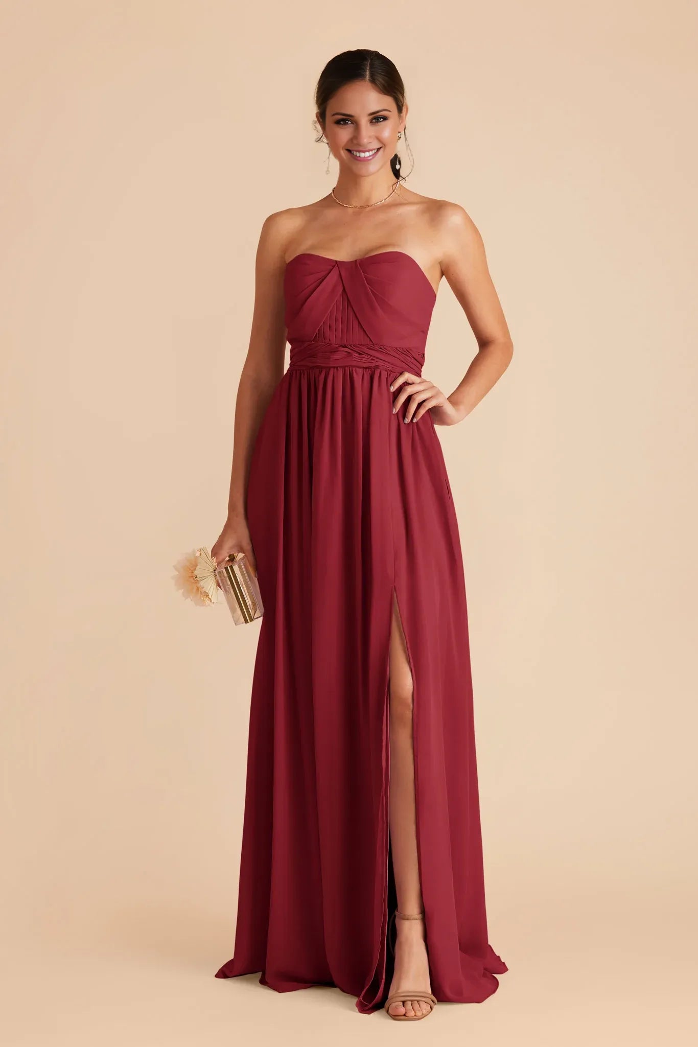 Elegant Flowy Chiffon Strapless Bow Back Floor Length Bridesmaid Dresses