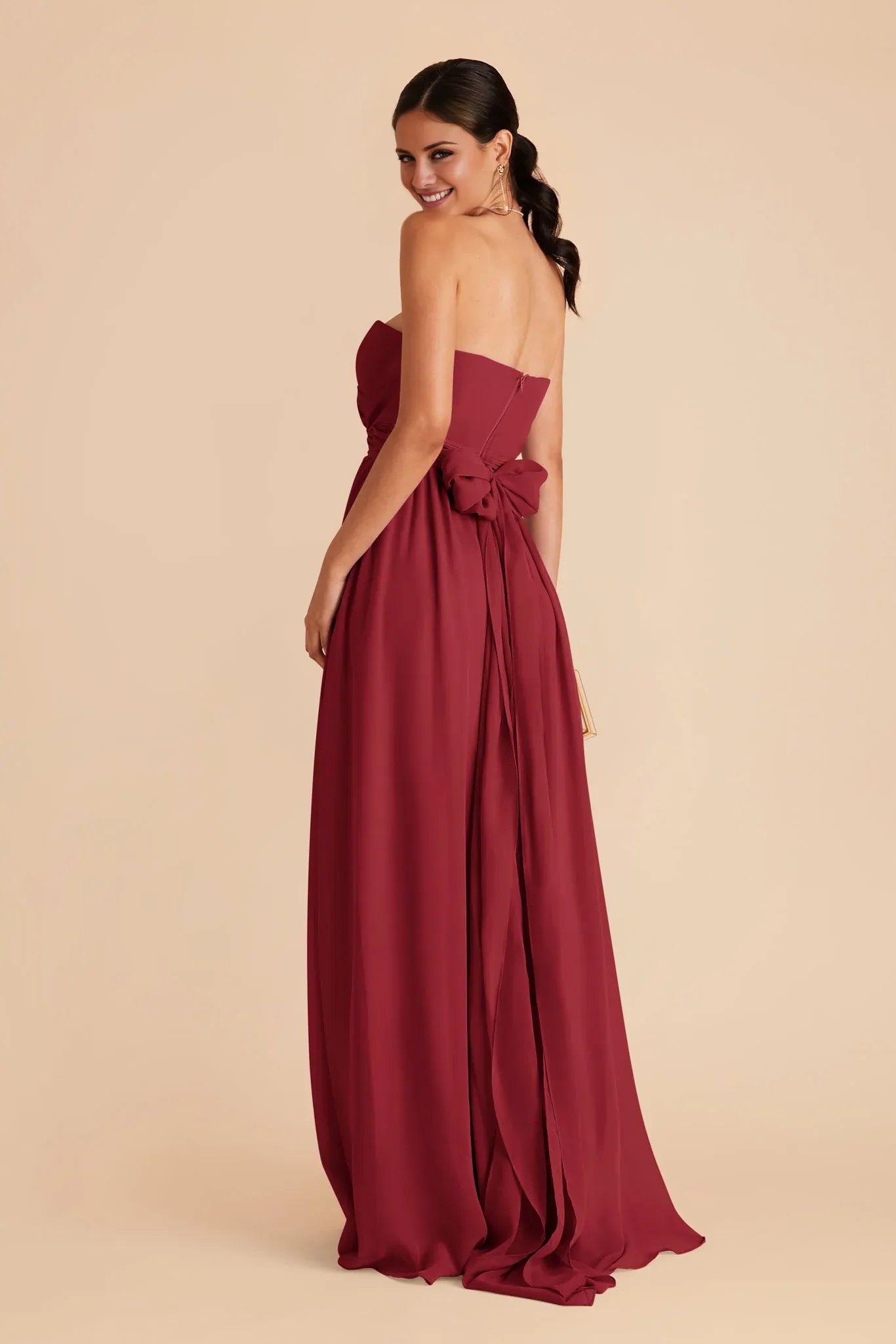 Elegant Flowy Chiffon Strapless Bow Back Floor Length Bridesmaid Dresses