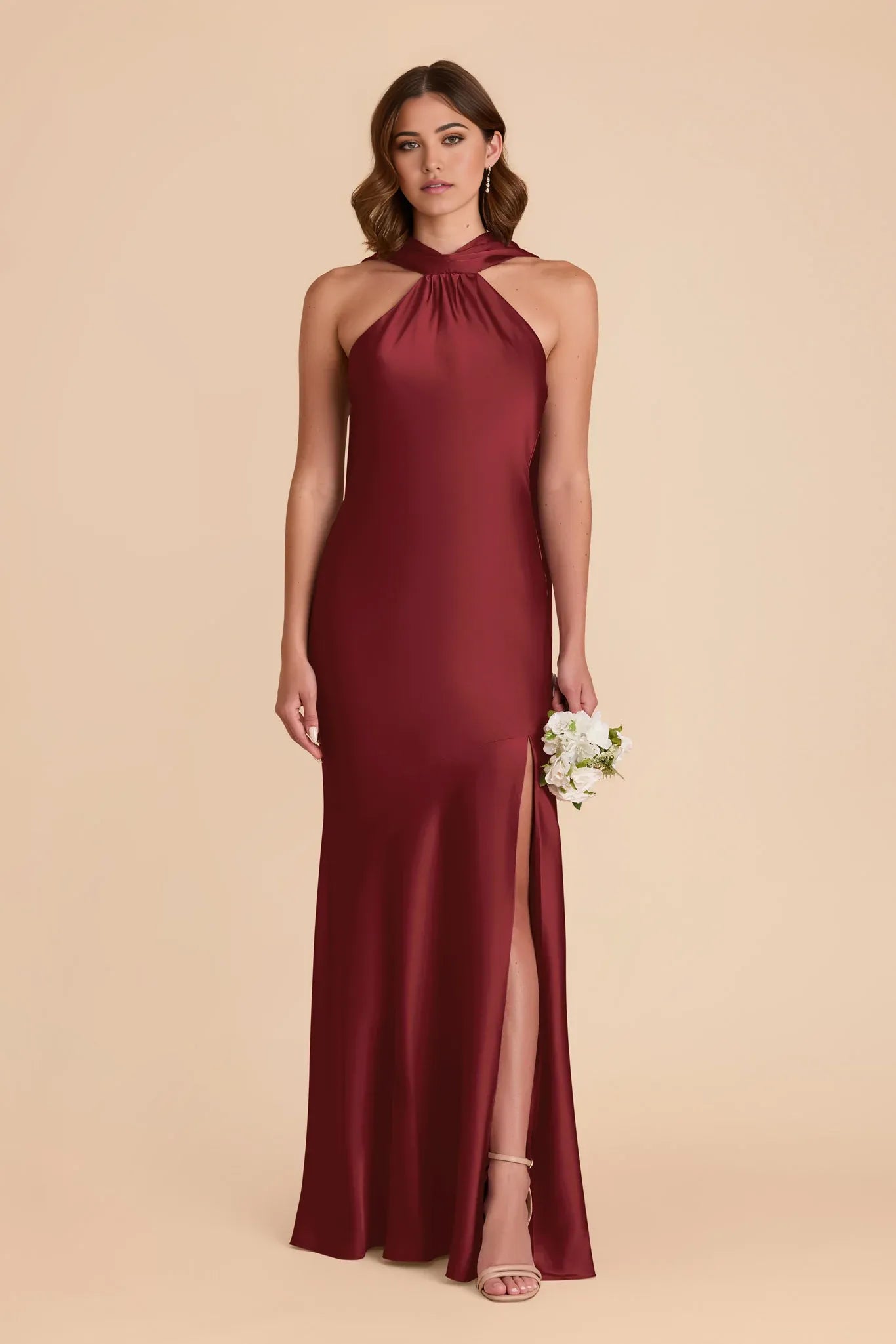 Elegant Flowy Satin Halter-Neck Sleeveless Open Back Floor Length Bridesmaid Dresses