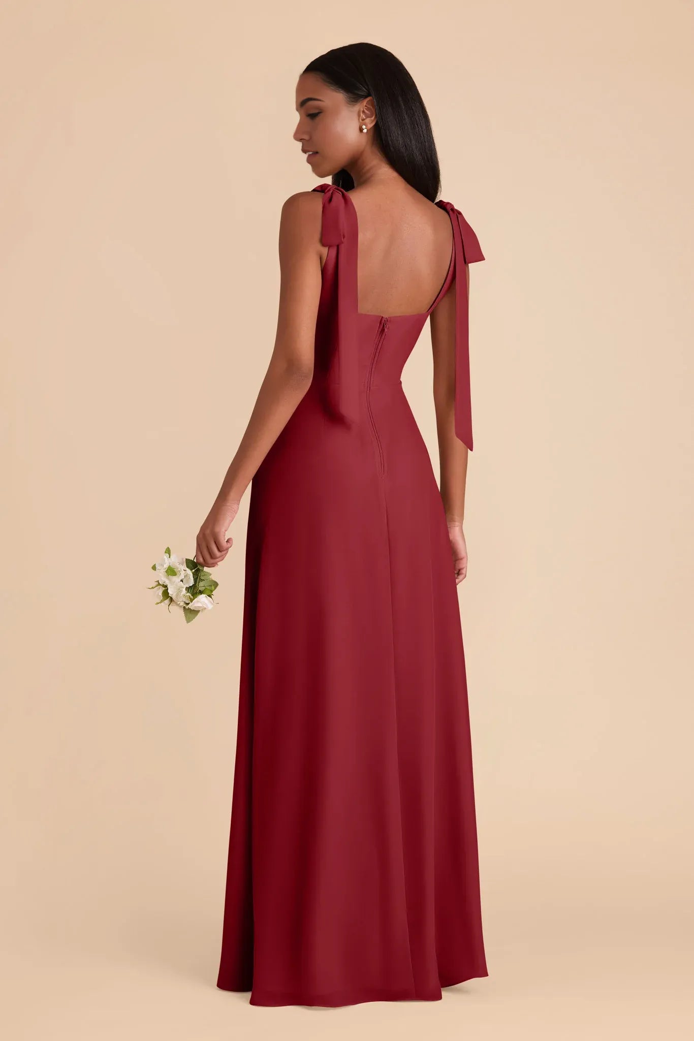 Elegant Flowy Satin Square Neck Bow Strap Open Back Floor Length Bridesmaid Dresses