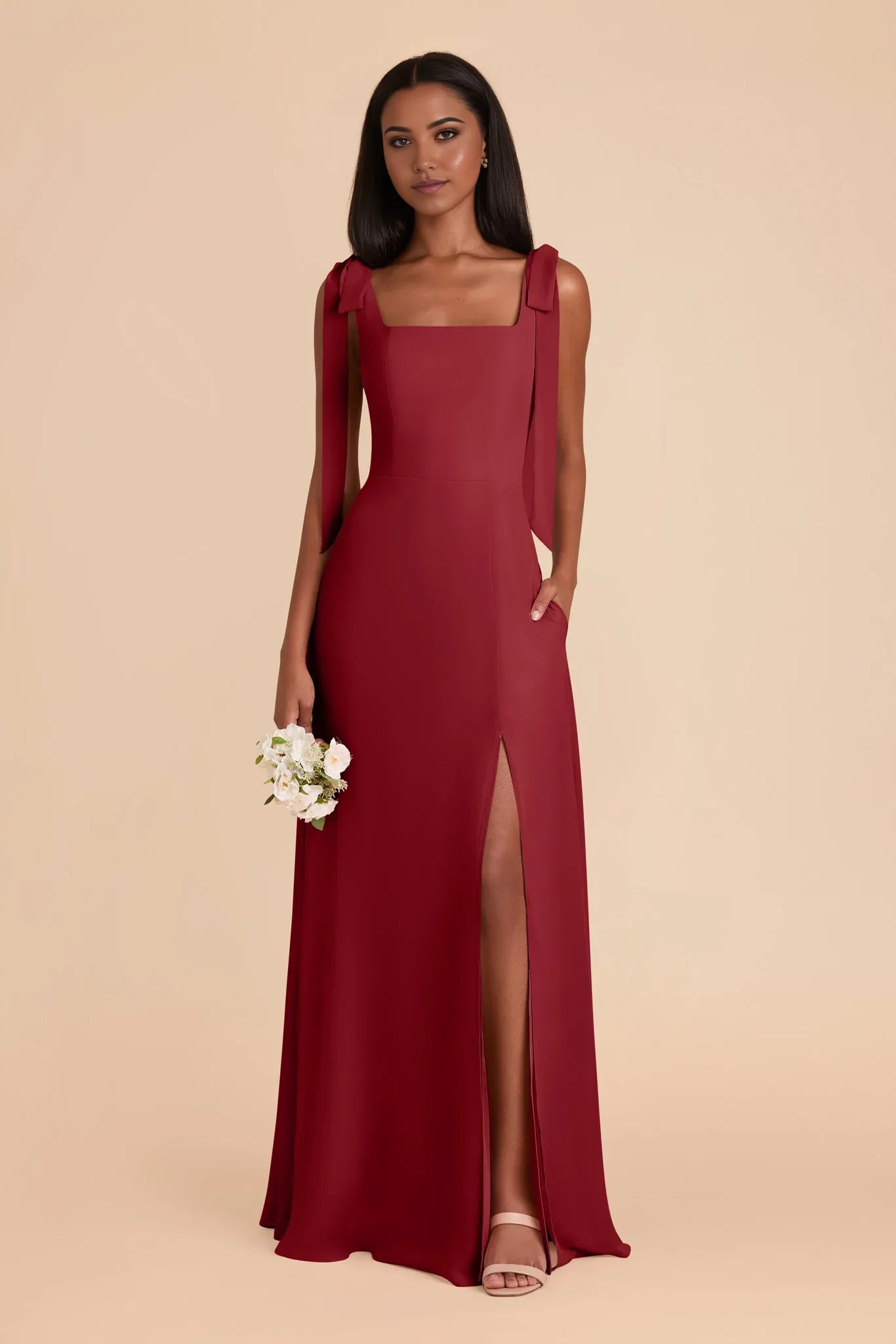 Elegant Flowy Satin Square Neck Bow Strap Open Back Floor Length Bridesmaid Dresses