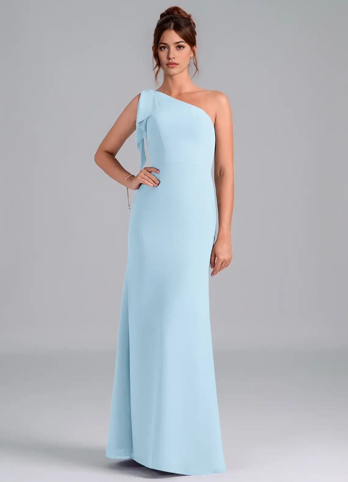 Elegant Mermaid Chiffon One Shoulder Bow Accent Open Back Floor Length Bridesmaid Dress