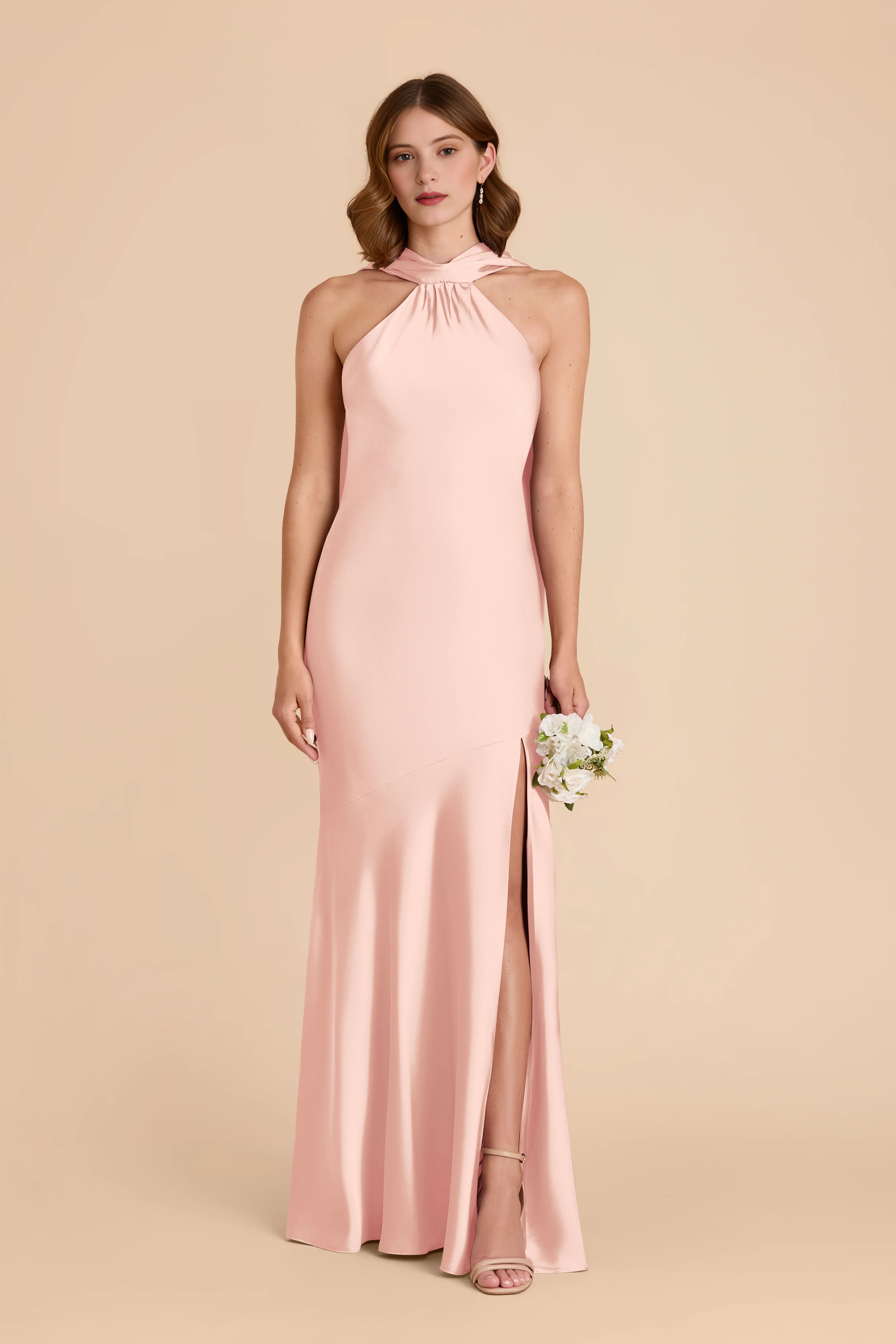 Elegant Mermaid Satin Halter Neck Sleeveless Cutout Back Floor Length Bridesmaid Dress