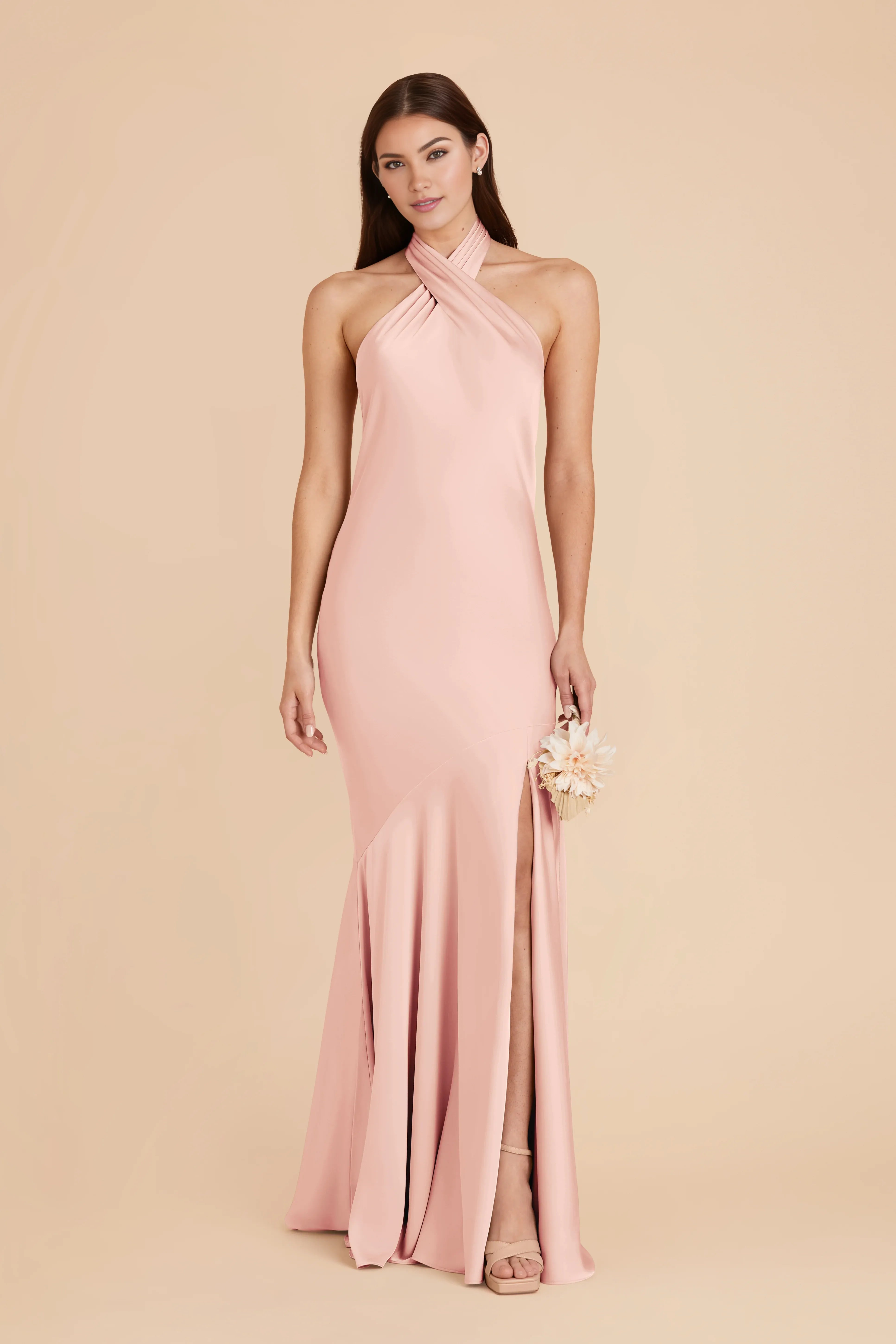 Elegant Mermaid Satin Halter Neck Sleeveless Open Back Floor Length Bridesmaid Dress