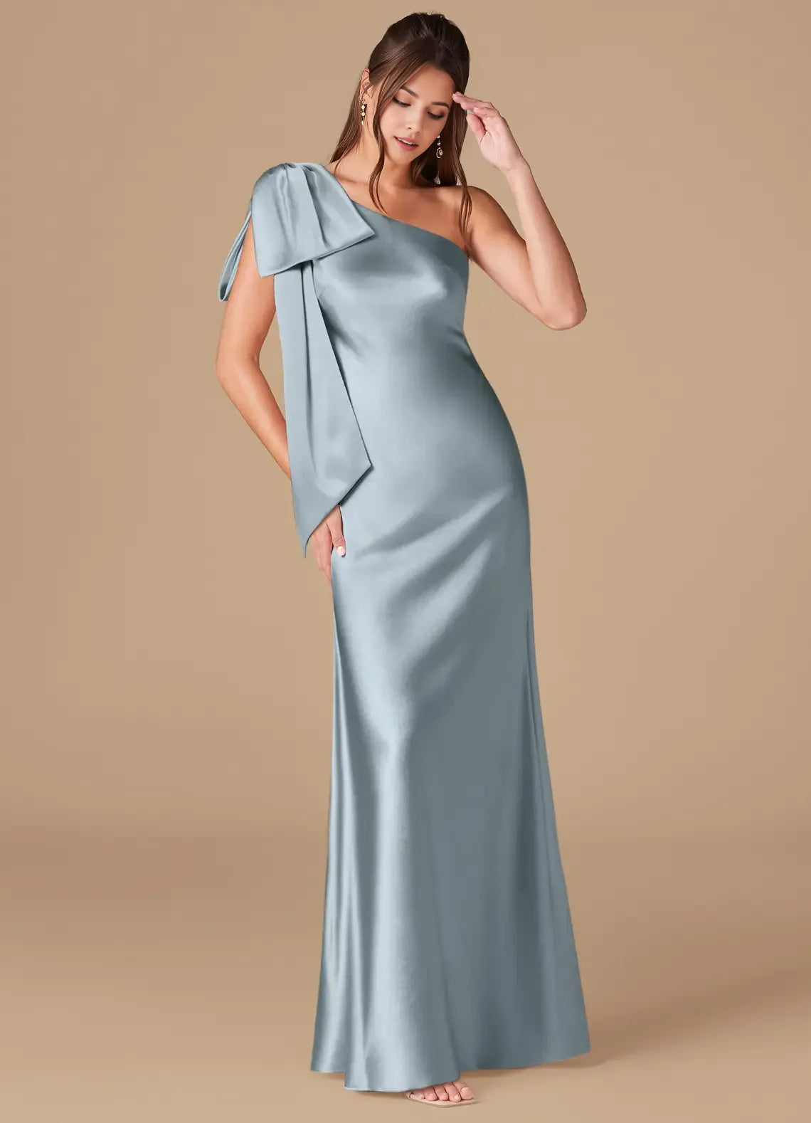 Elegant Mermaid Satin One Shoulder Bow Sleeve Keyhole Back Floor Length Bridesmaid Dress
