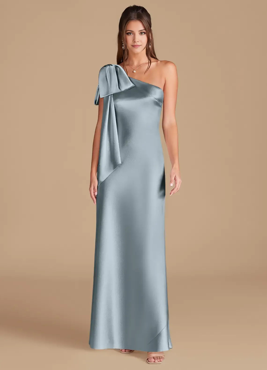 Elegant Mermaid Satin One Shoulder Bow Sleeve Keyhole Back Floor Length Bridesmaid Dress