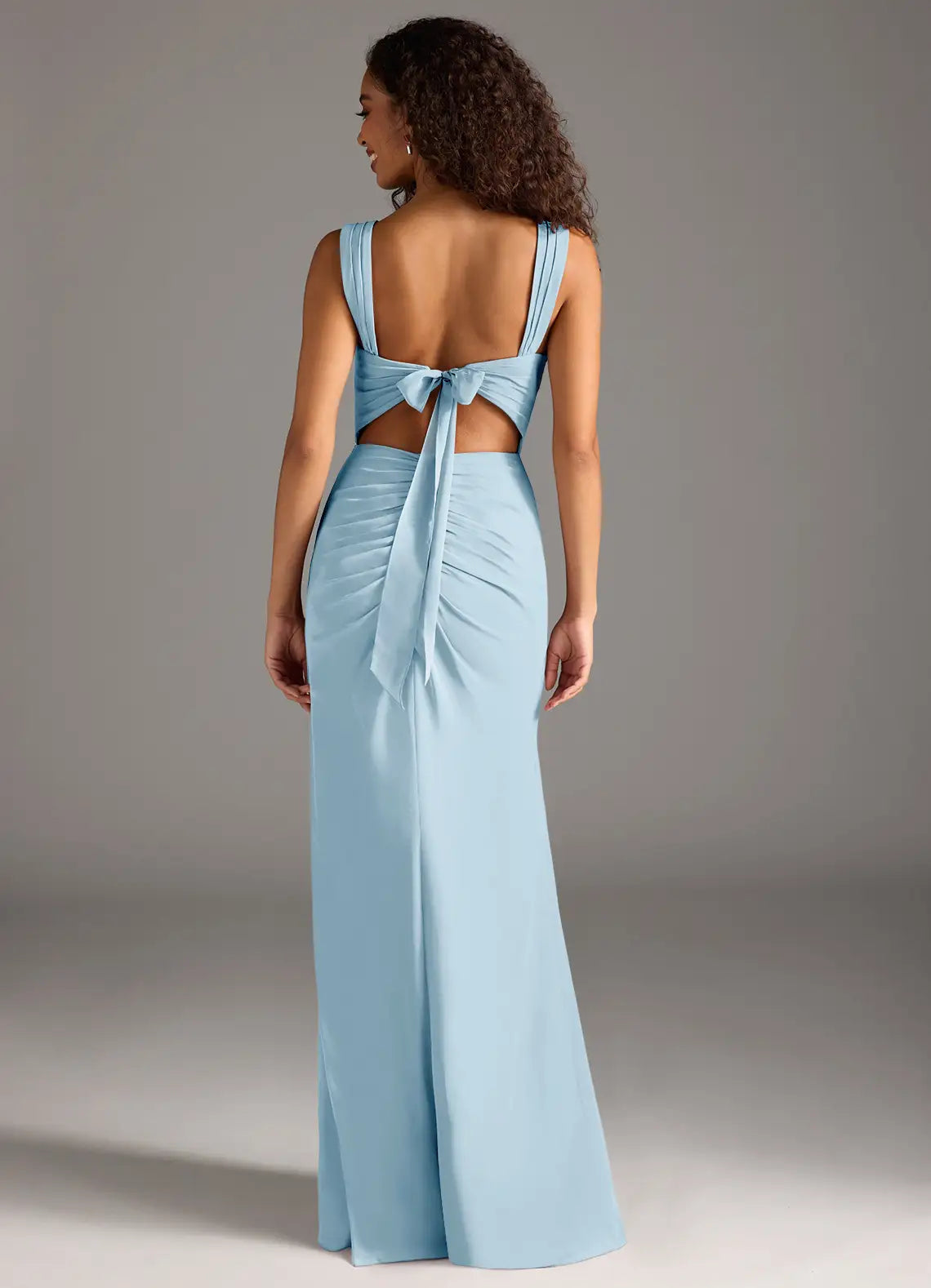 Elegant Mermaid Satin Square Neck Sleeveless Bow Cutout Back Floor Length Bridesmaid Dress
