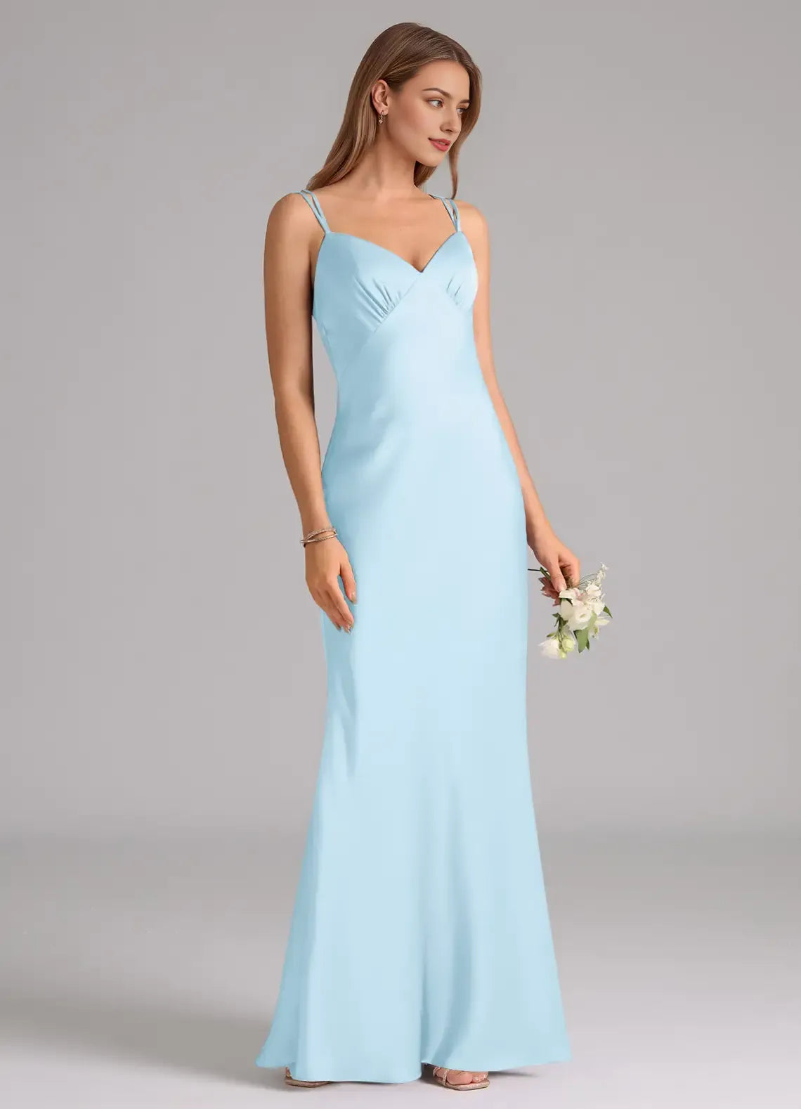 Elegant Mermaid Satin V-Neck Spaghetti Strap Cross Back Floor Length Bridesmaid Dress