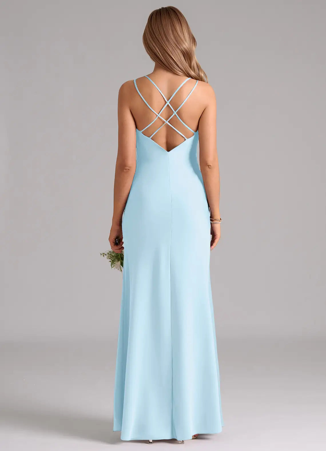 Elegant Mermaid Satin V-Neck Spaghetti Strap Cross Back Floor Length Bridesmaid Dress