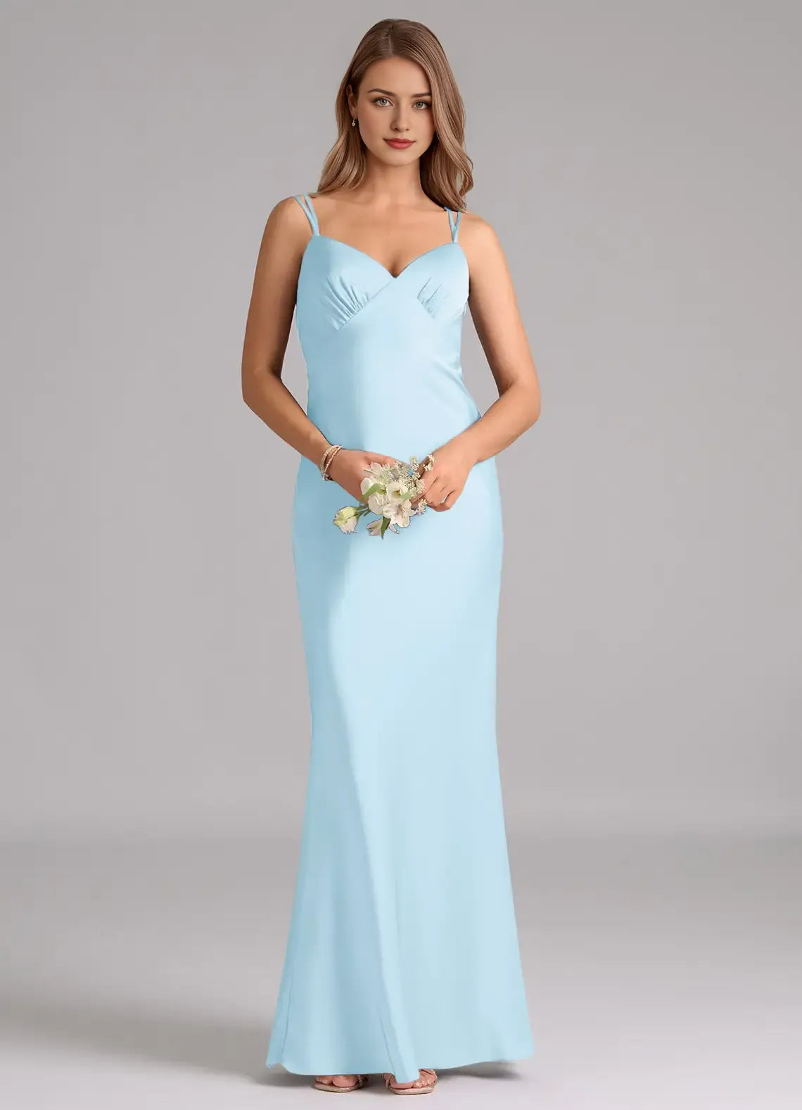 Elegant Mermaid Satin V-Neck Spaghetti Strap Cross Back Floor Length Bridesmaid Dress
