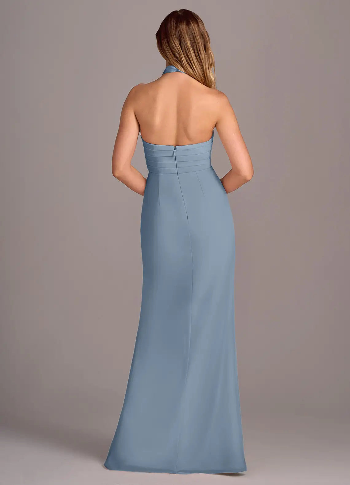 Elegant Sheath Chiffon Halter Neck Sleeveless Open Back Floor Length Bridesmaid Dress