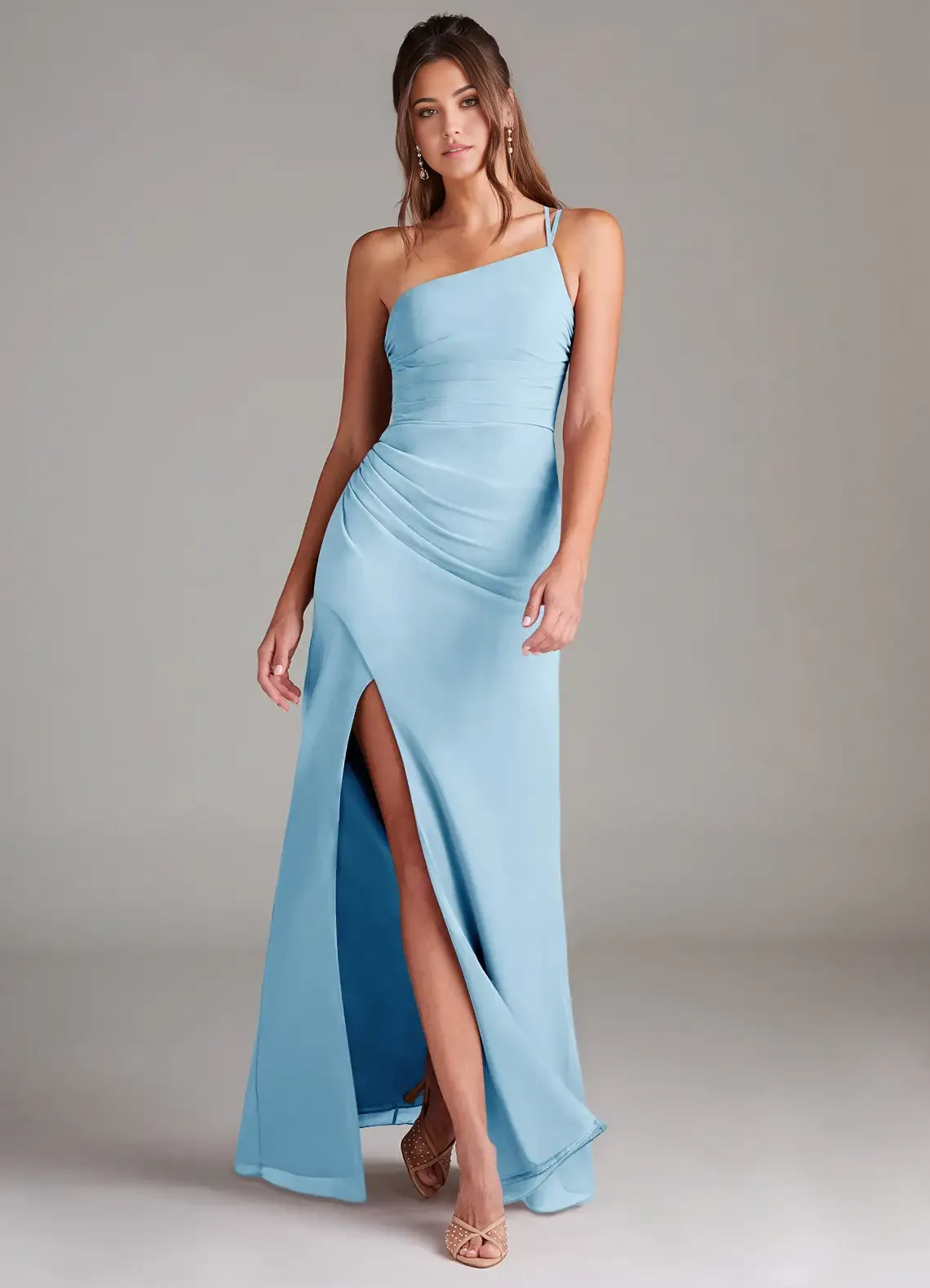 Elegant Sheath Chiffon One Shoulder Sleeveless Ruched Back Floor Length Bridesmaid Dress