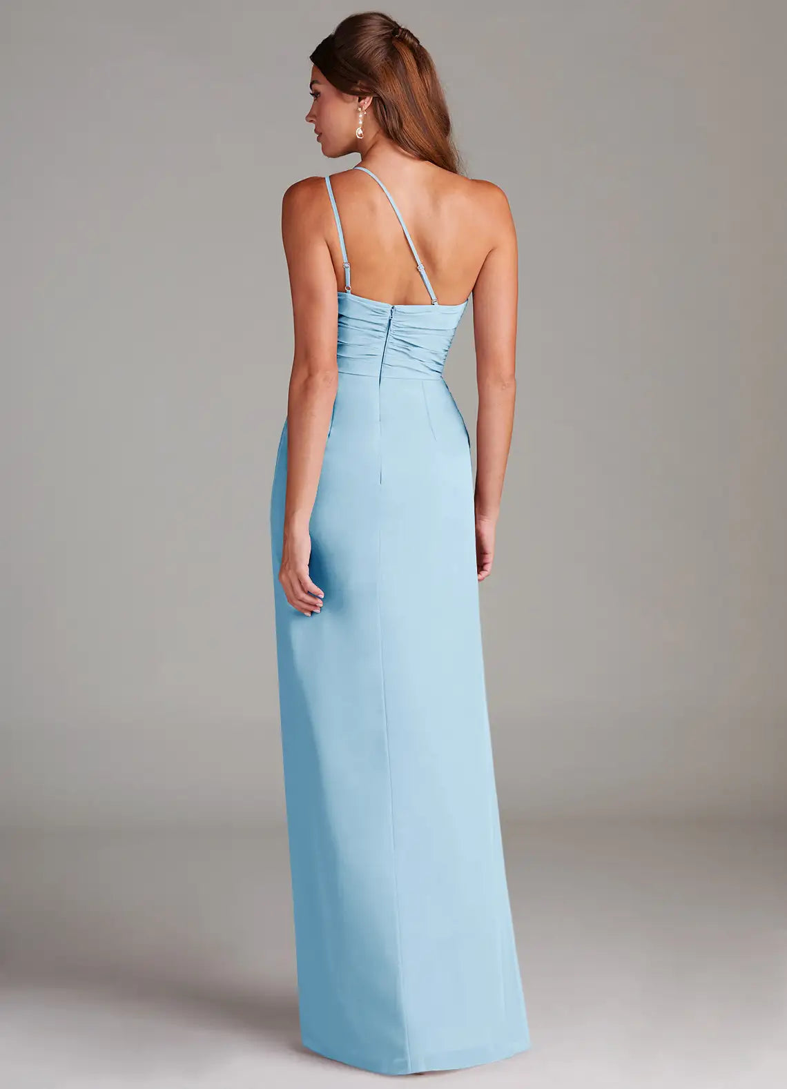 Elegant Sheath Chiffon One Shoulder Sleeveless Ruched Back Floor Length Bridesmaid Dress