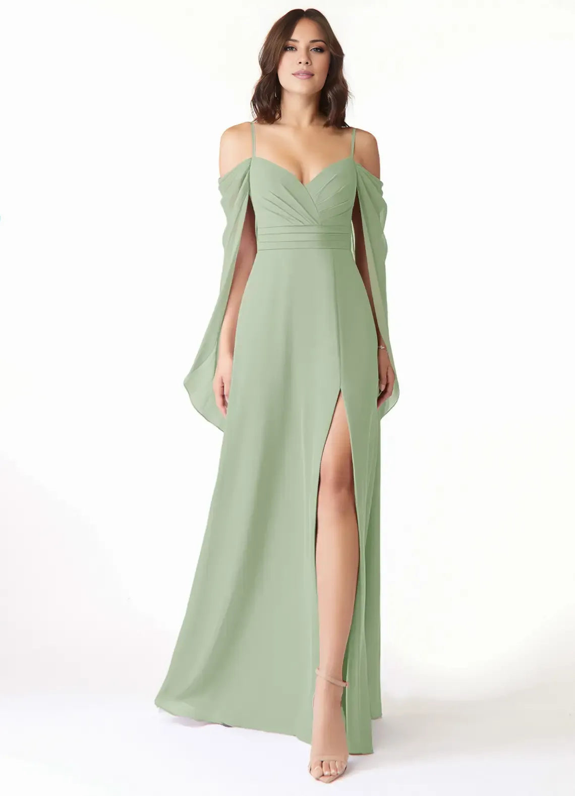 Elegant Sheath Cold Shoulder Cape Sleeve V Back Floor Length Bridesmaid Dress