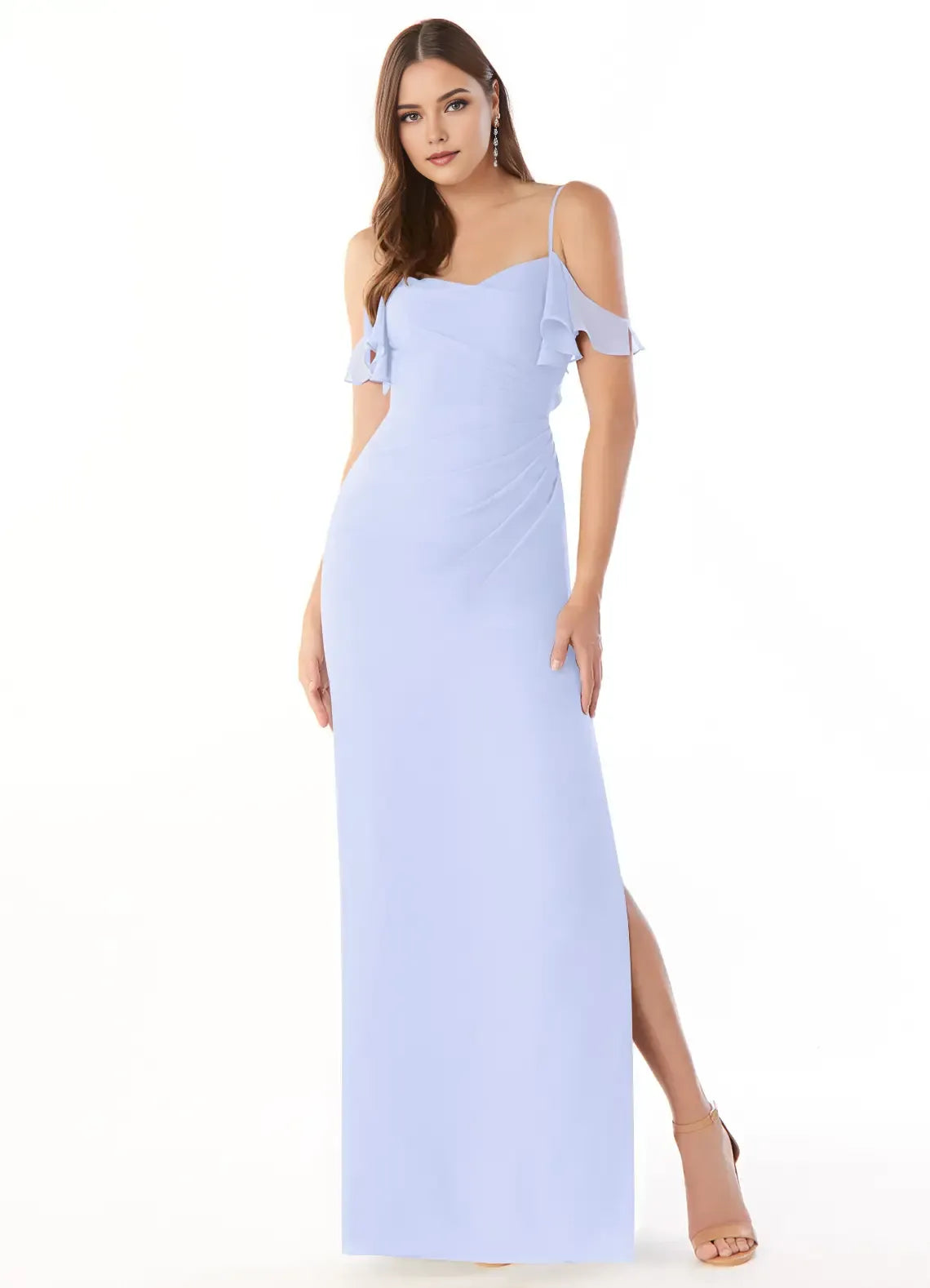 Elegant Sheath Cold Shoulder Ruffle Sleeve Open Back Floor Length Bridesmaid Dress