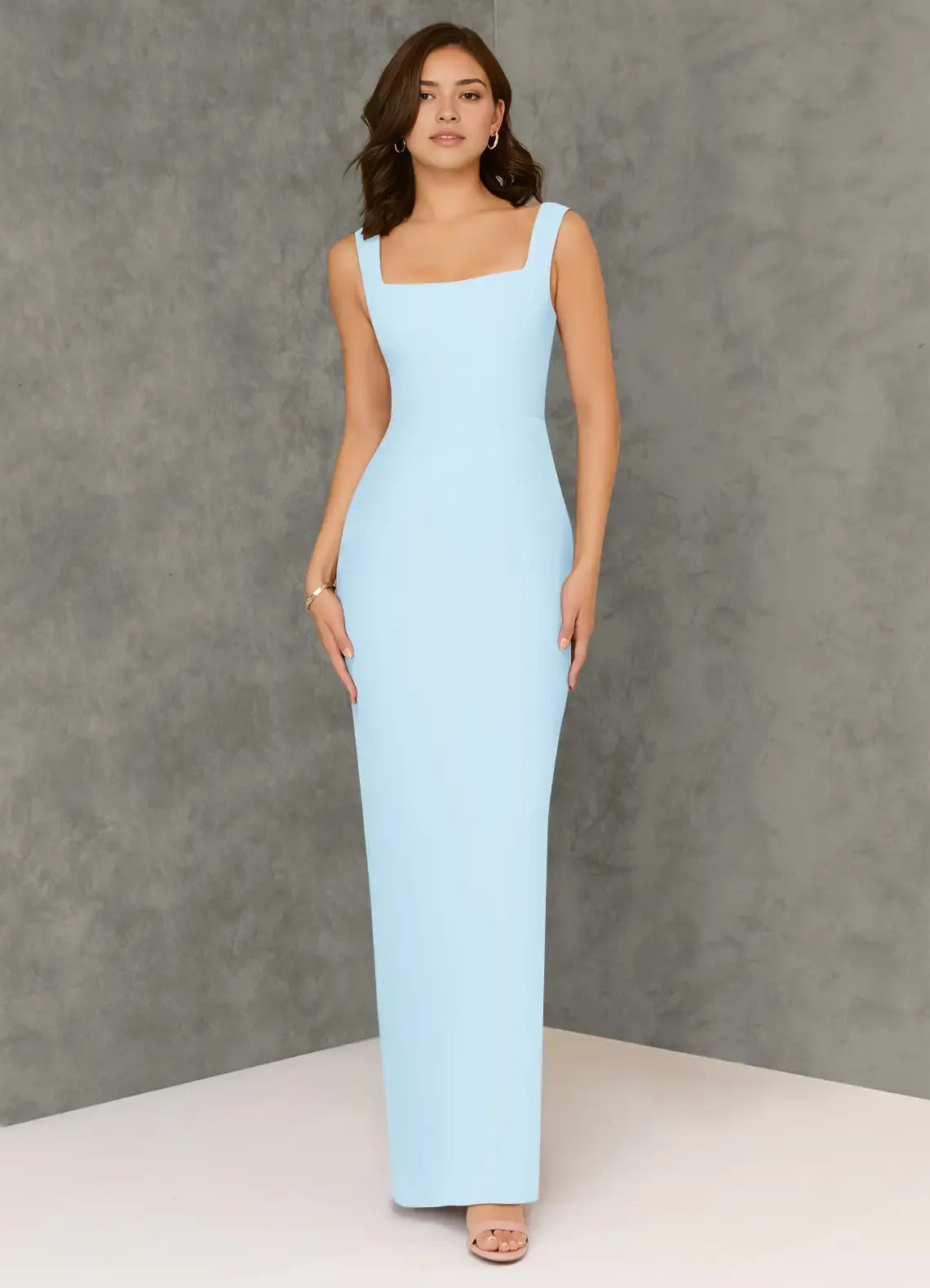Elegant Sheath Crepe Square Neck Sleeveless Cut Out Back Floor Length Bridesmaid Dress
