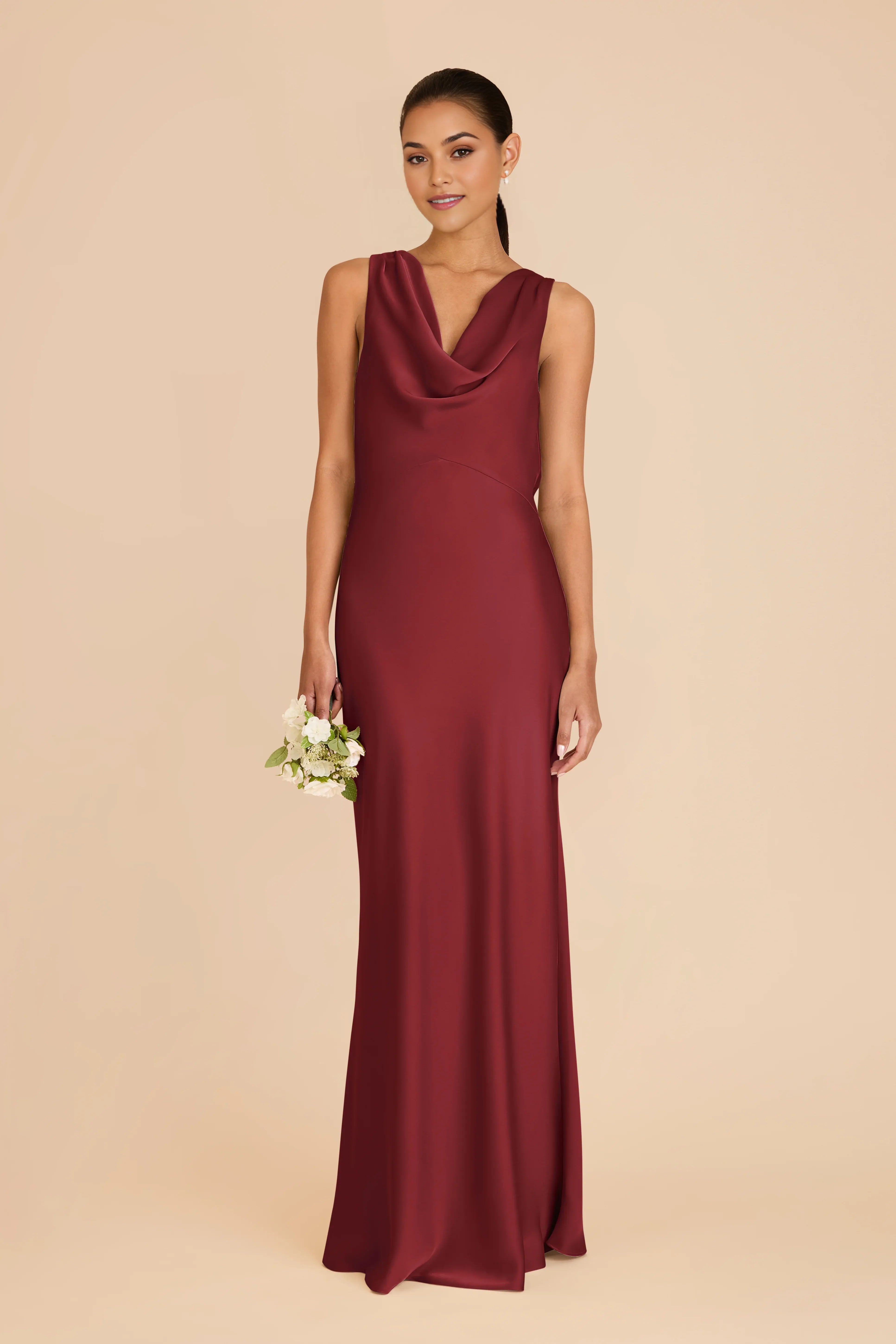 Elegant Sheath Satin Cowl Neck Sleeveless Tie Back Floor Length Bridesmaid Dress