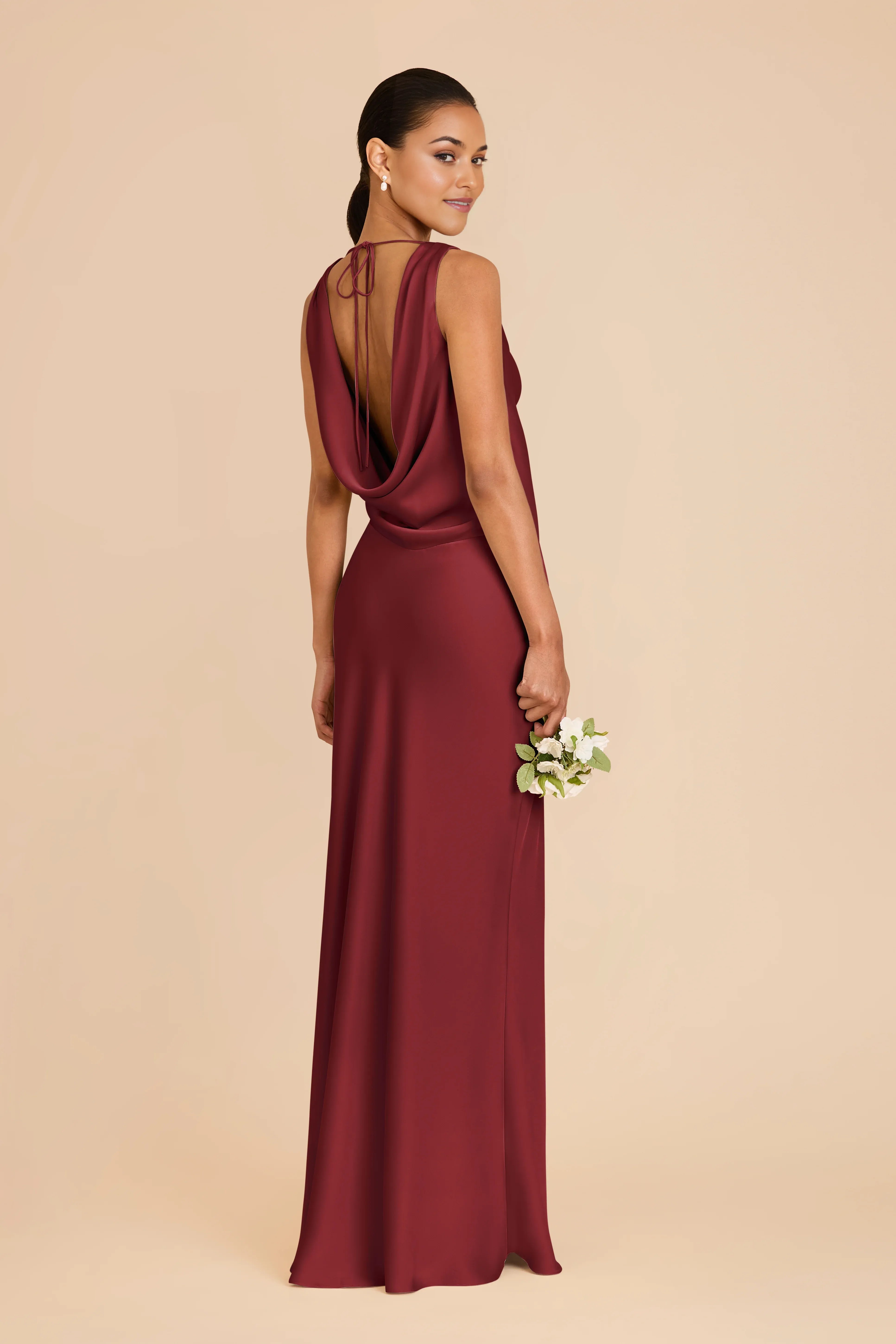 Elegant Sheath Satin Cowl Neck Sleeveless Tie Back Floor Length Bridesmaid Dress