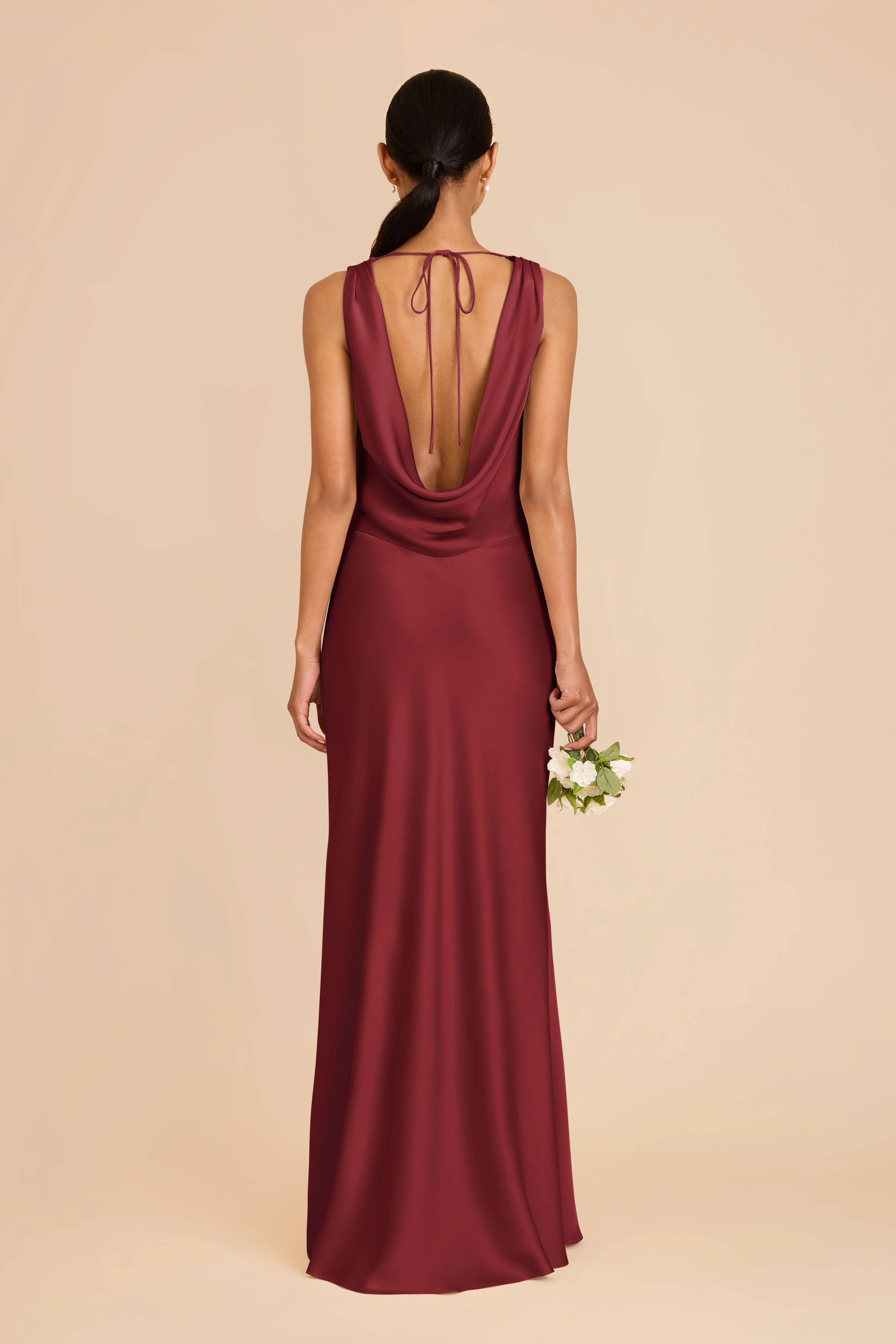 Elegant Sheath Satin Cowl Neck Sleeveless Tie Back Floor Length Bridesmaid Dress