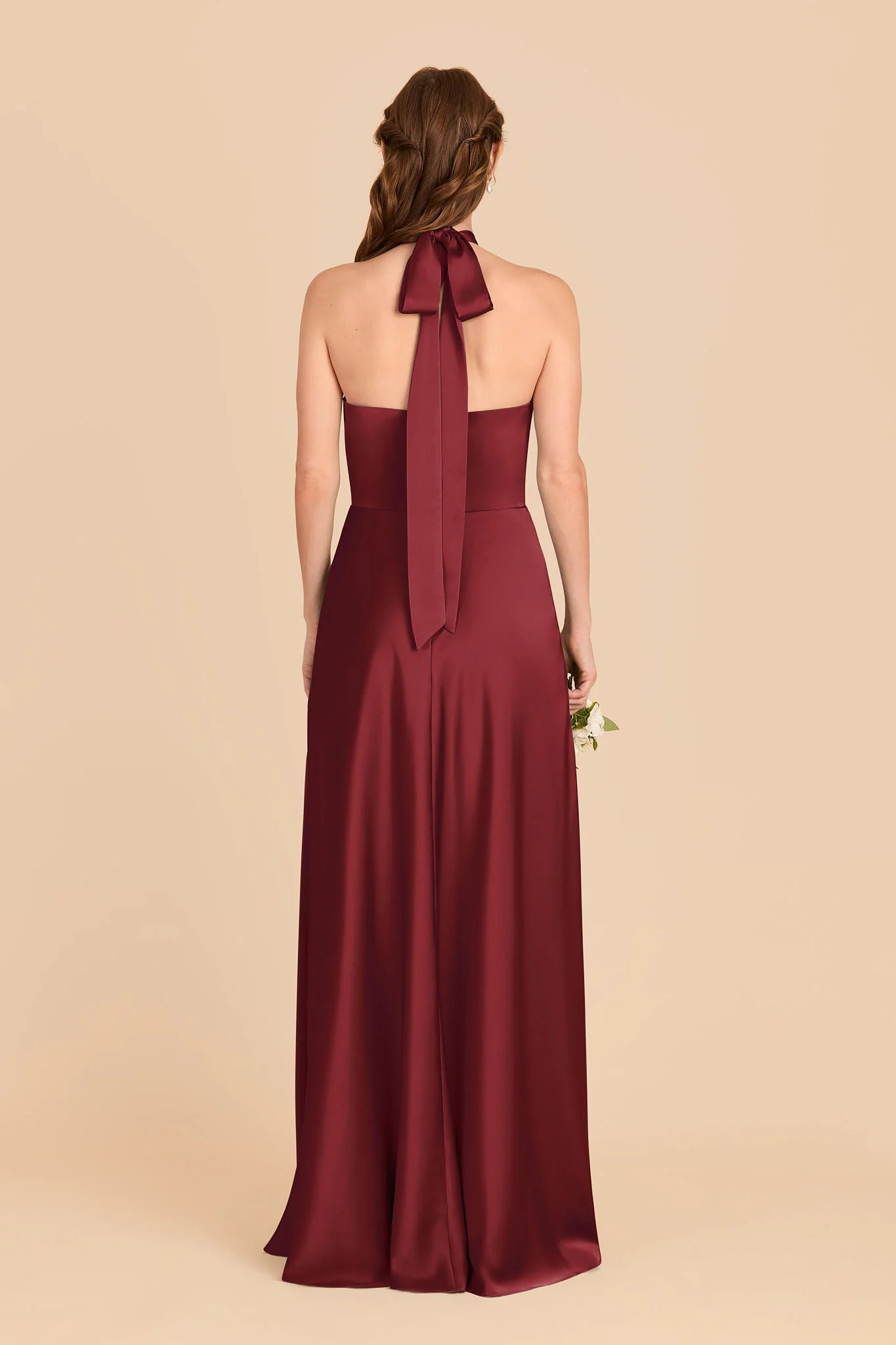 Elegant Sheath Satin Halter Neck Sleeveless Bow Back Floor Length Bridesmaid Dress