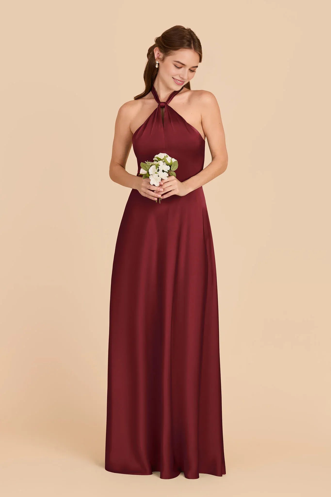 Elegant Sheath Satin Halter Neck Sleeveless Bow Back Floor Length Bridesmaid Dress