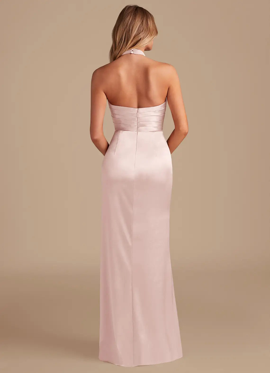 Elegant Sheath Satin Halter Neck Sleeveless Open Back Floor Length Bridesmaid Dress