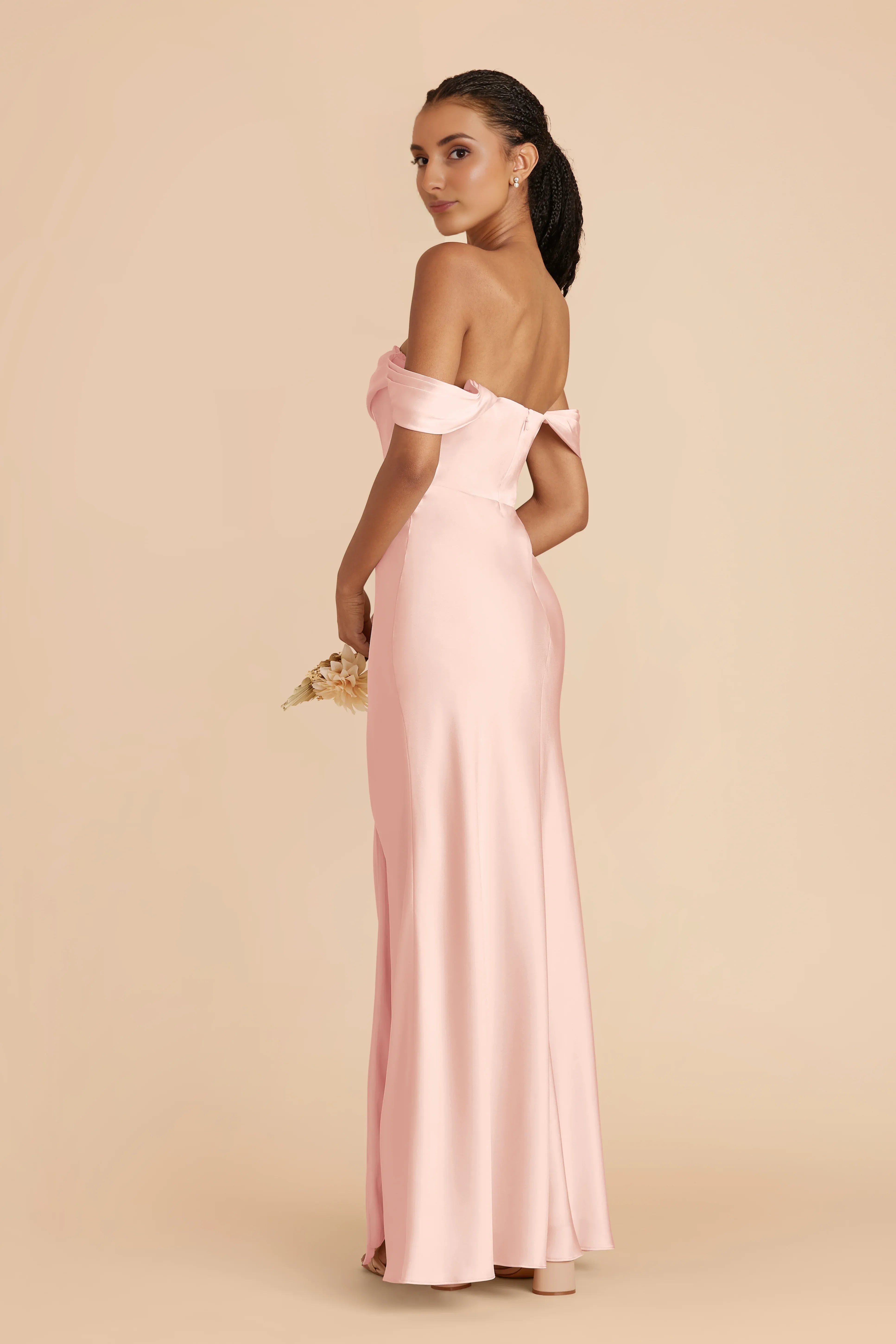 Elegant Sheath Satin Off Shoulder Flutter Sleeve Open Back Floor Length Bridesmaid Dress
