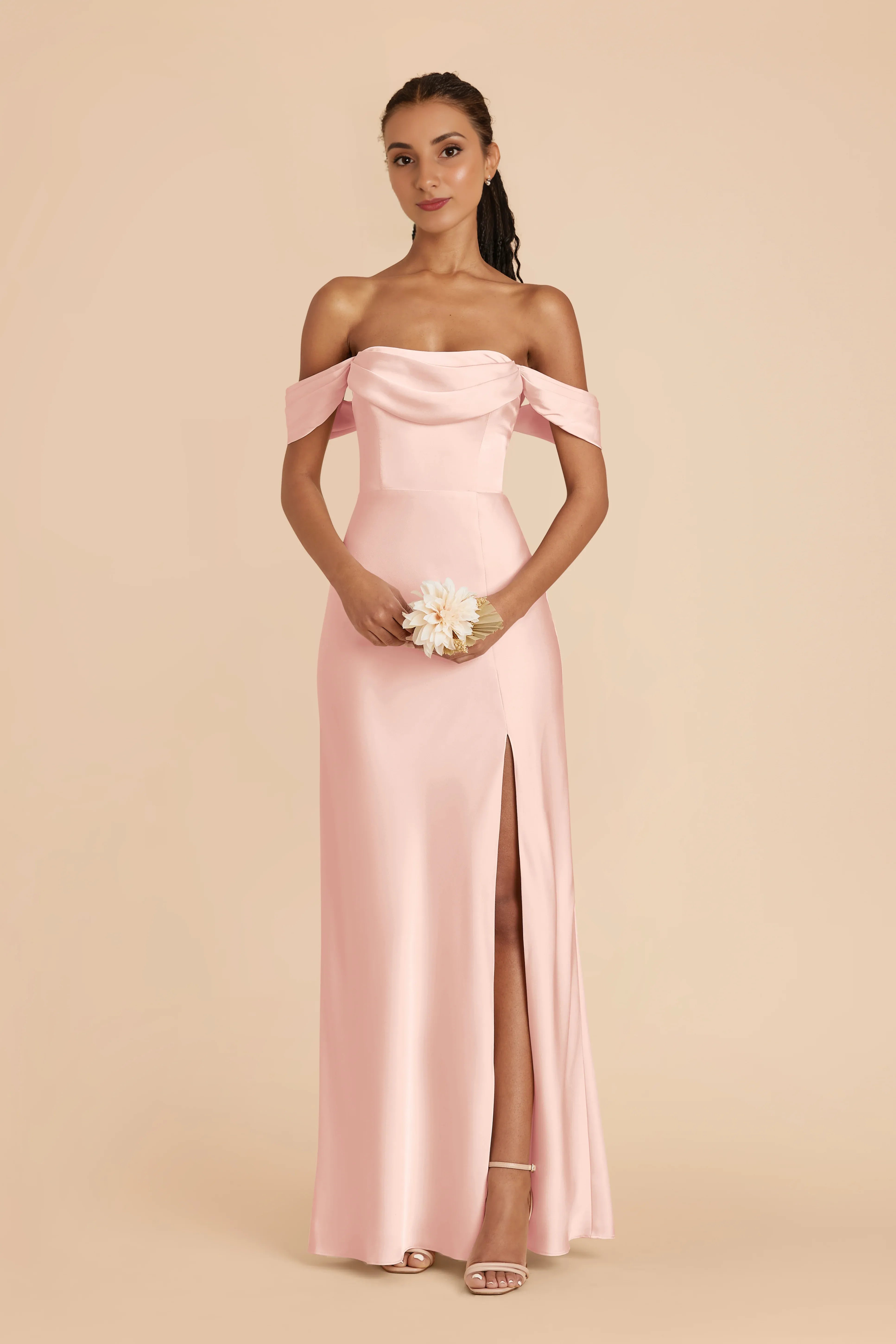 Elegant Sheath Satin Off Shoulder Flutter Sleeve Open Back Floor Length Bridesmaid Dress